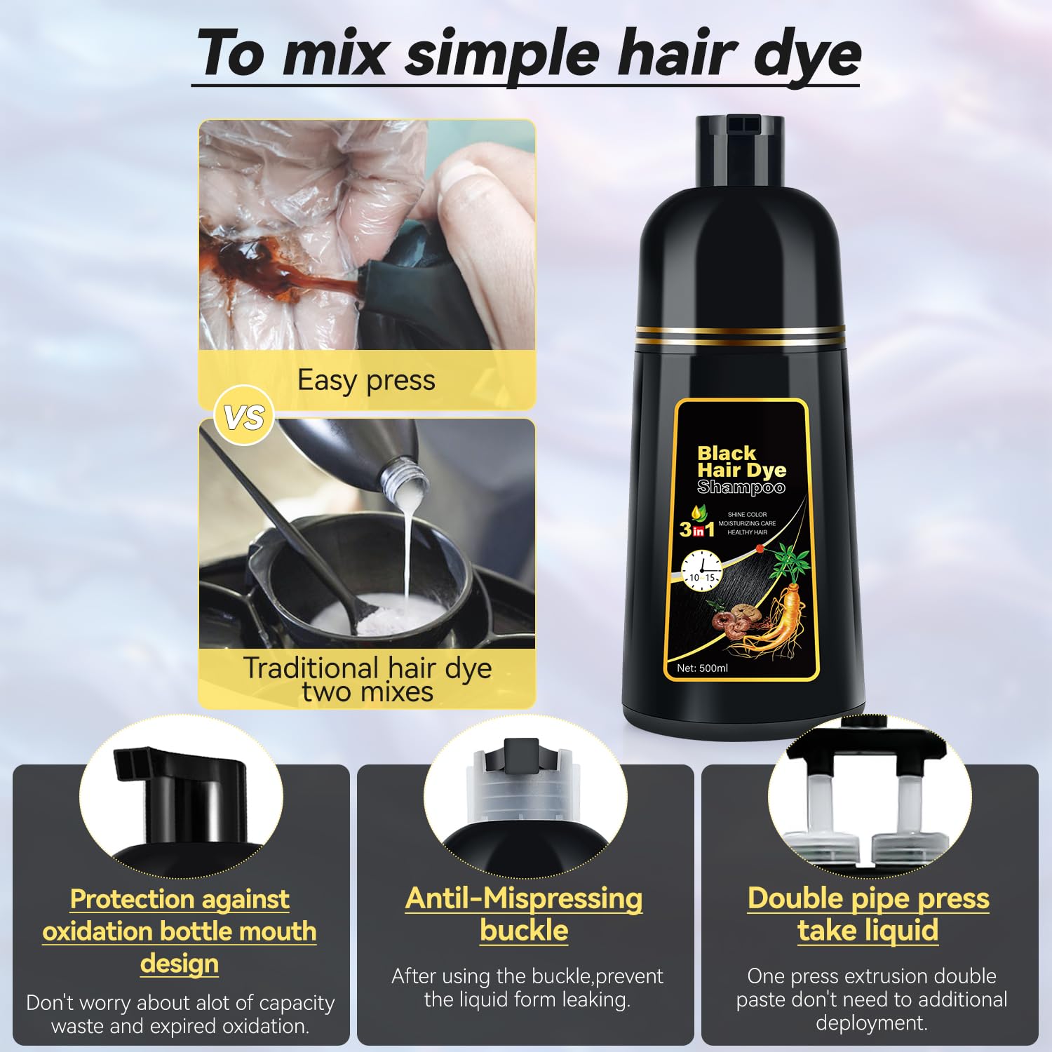 JIESSIA 3 IN 1 Hair Color Shampoo Dye — Semi-Permanent Grey Coverage, Herbal Blend, 16.9 fl oz