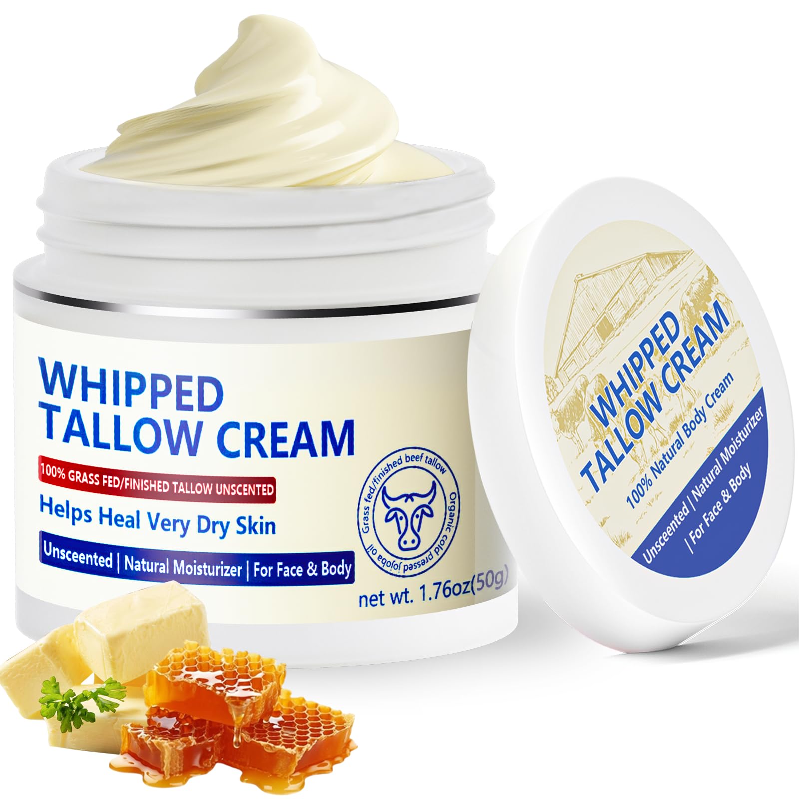 JIIANERY Beef Tallow Balm for Skin – 100% Organic Grass-Fed Whipped Tallow & Honey Moisturizer