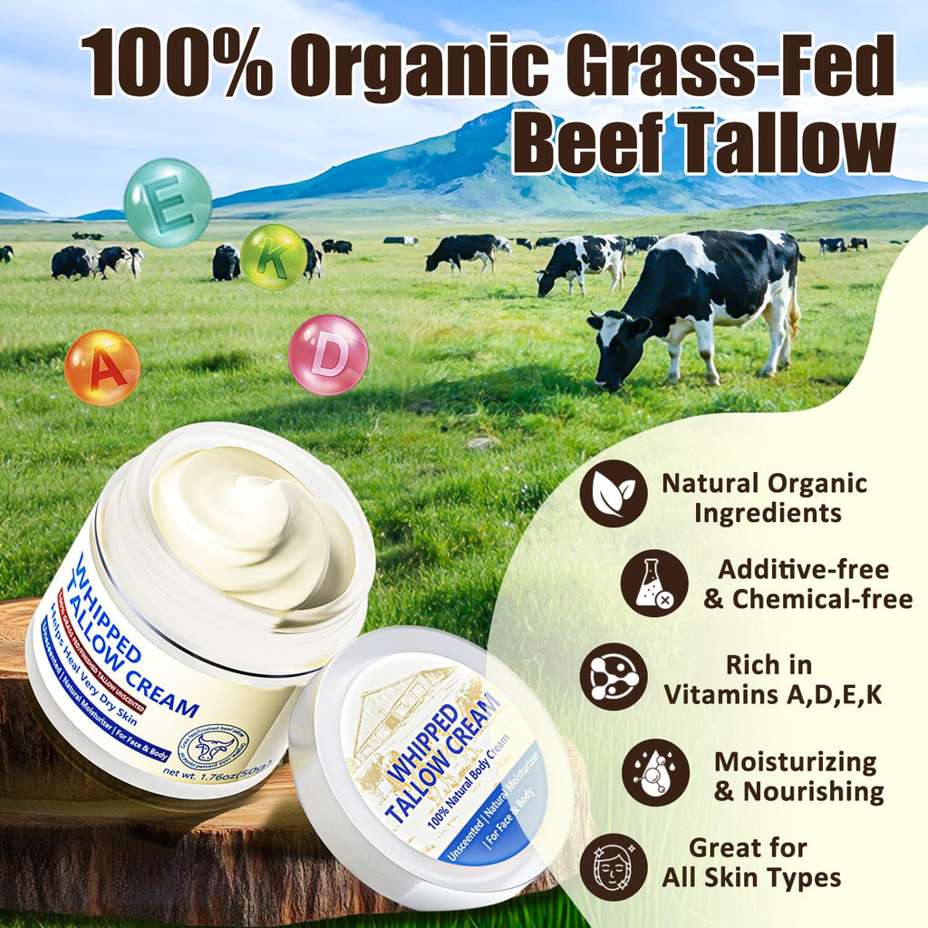 JIIANERY Beef Tallow Balm for Skin – 100% Organic Grass-Fed Whipped Tallow & Honey Moisturizer