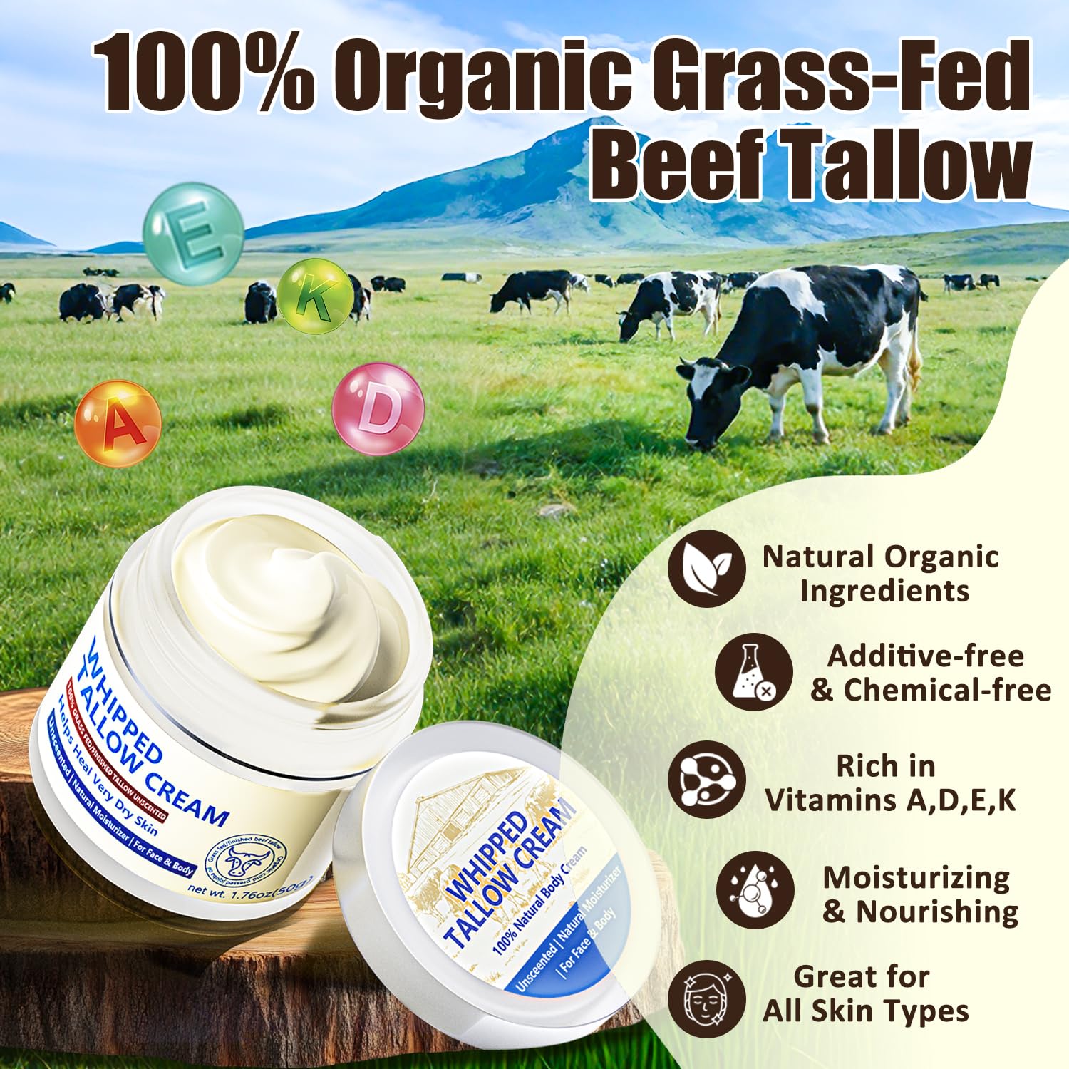 JIIANERY Beef Tallow Balm for Skin – 100% Organic Grass-Fed Whipped Tallow & Honey Moisturizer
