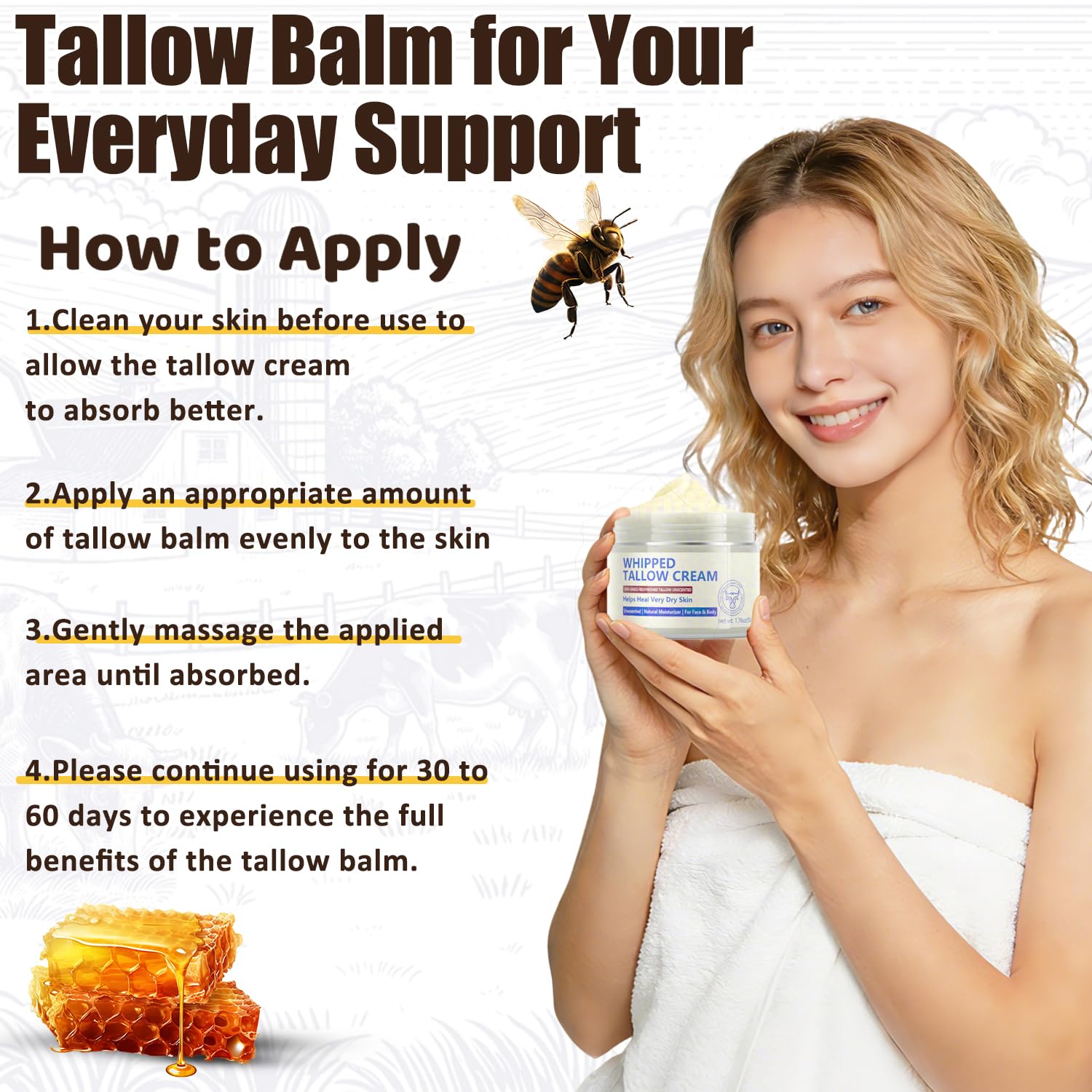 JIIANERY Beef Tallow Balm for Skin – 100% Organic Grass-Fed Whipped Tallow & Honey Moisturizer