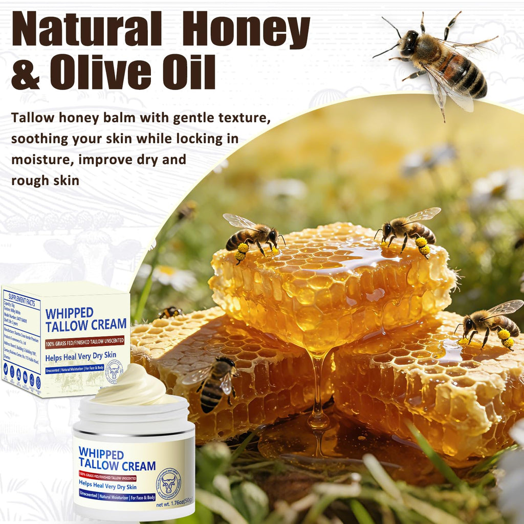 JIIANERY Beef Tallow Balm for Skin – 100% Organic Grass-Fed Whipped Tallow & Honey Moisturizer