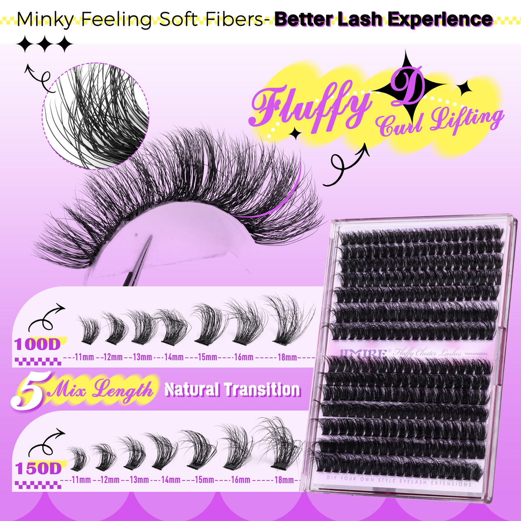 JIMIRE Lash Clusters Thick 100D+120D Volume Lashes 280Pcs | 11-18mm D Curl, DIY at Home