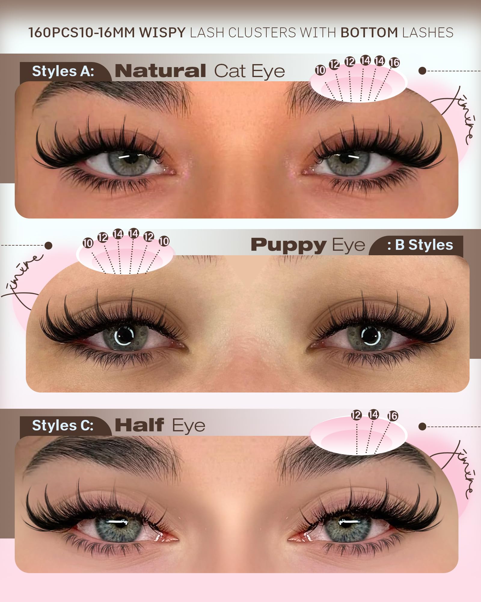 JIMIRE Manga Lash Clusters with Spikes – 160 Pcs, 10–16mm, Invisible Band