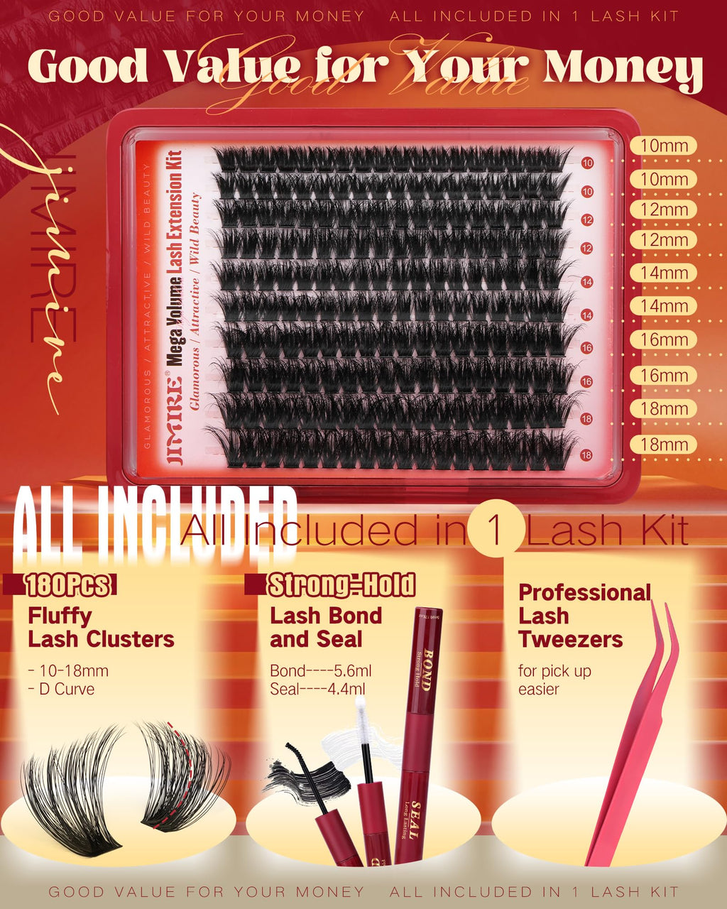 JIMIRE Fluffy Lash Clusters Kit 200D D-Curl – DIY Lash Extensions (10-18mm) with Bond & Seal