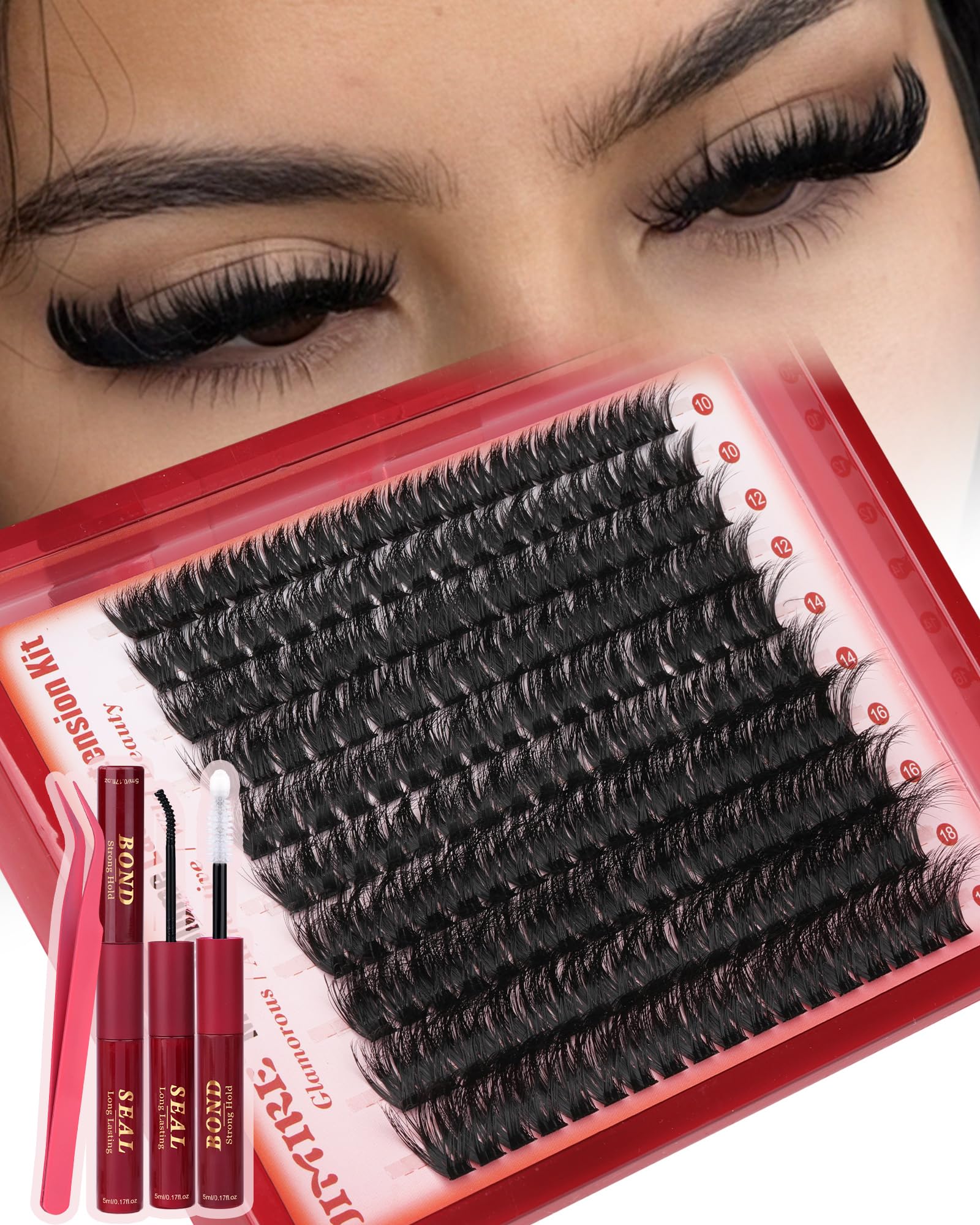 JIMIRE Fluffy Lash Clusters Kit 200D D-Curl – DIY Lash Extensions (10-18mm) with Bond & Seal