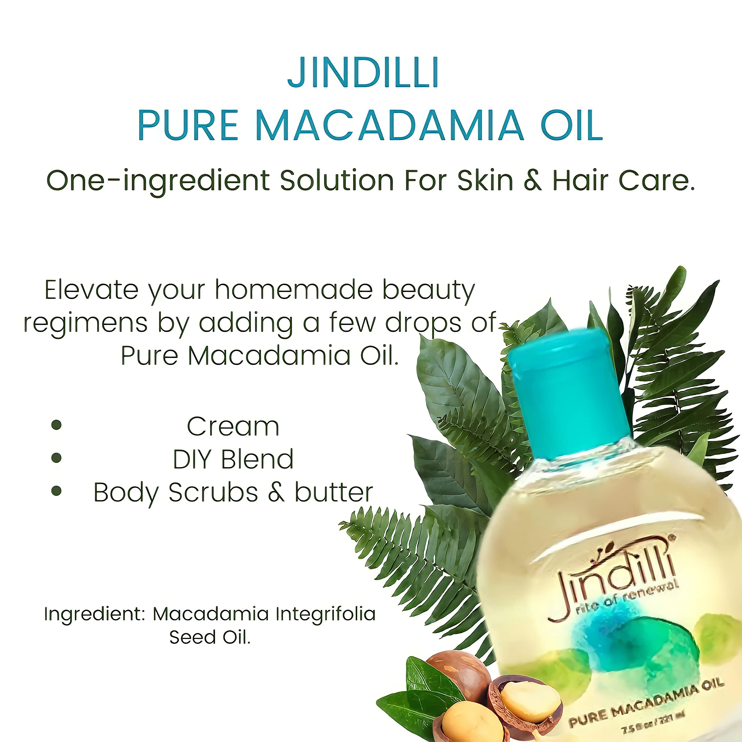 Jindilli Pure Macadamia Oil | Cold-Pressed, Hexane-Free, Cruelty-Free Multipurpose Moisturizer (7.5 oz)