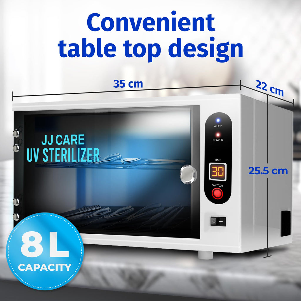 JJ CARE UV Sterilizer 8L | 99% Killing Efficiency, LED Timer, Tabletop Cabinet