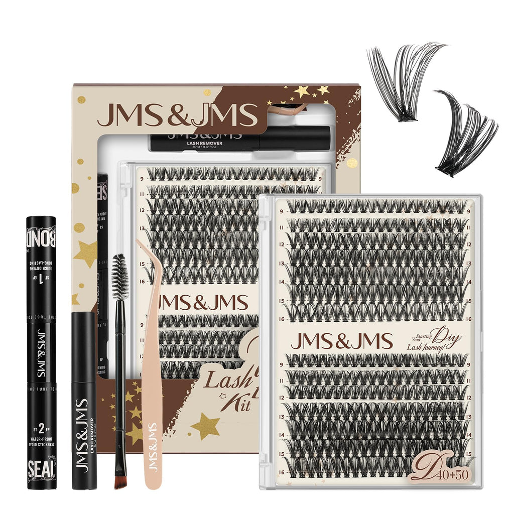JMS&JMS DIY Lash Extension Kit 40D+50D - 9-16mm Lashes Clusters Bond & Seal