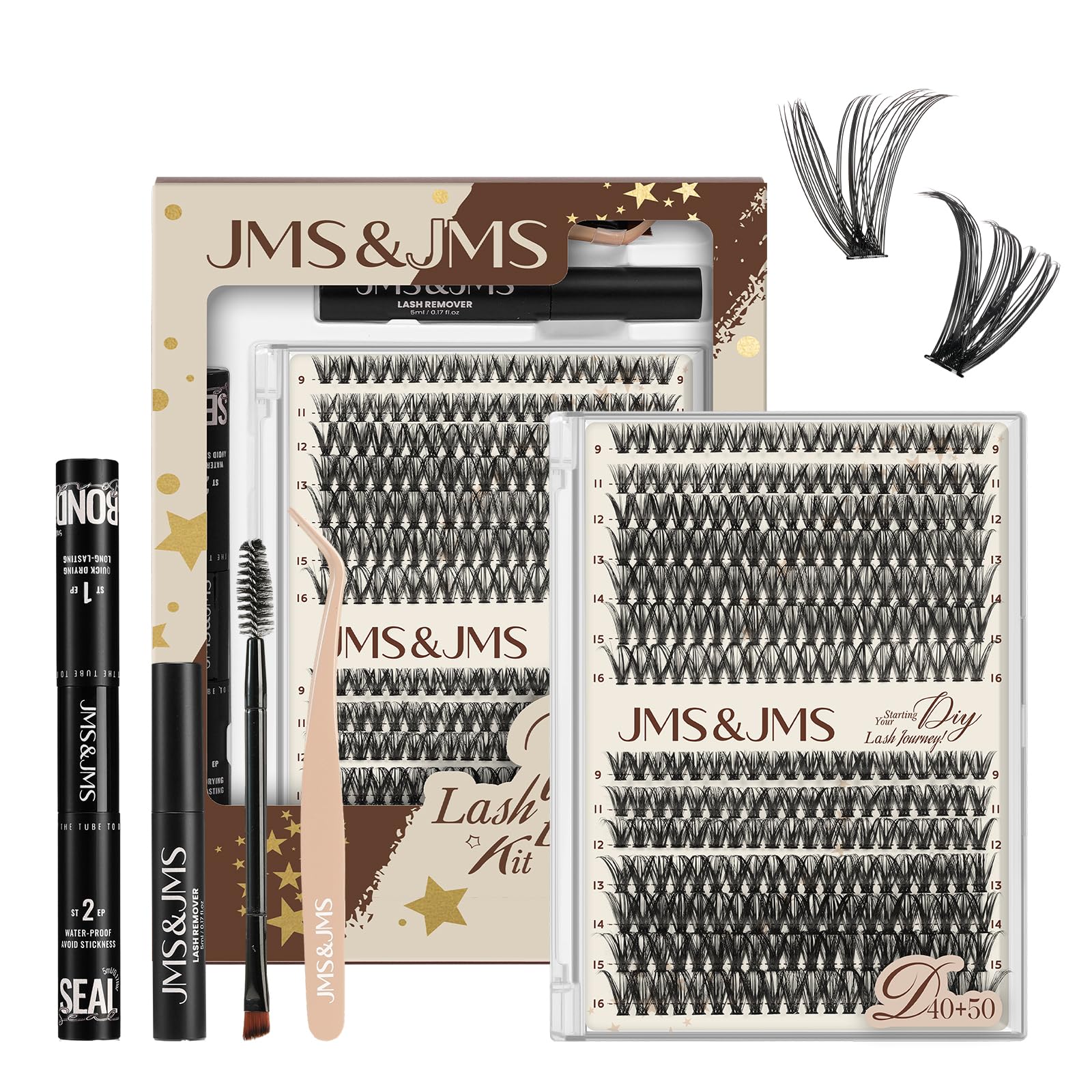 JMS&JMS DIY Lash Extension Kit 40D+50D - 9-16mm Lashes Clusters Bond & Seal