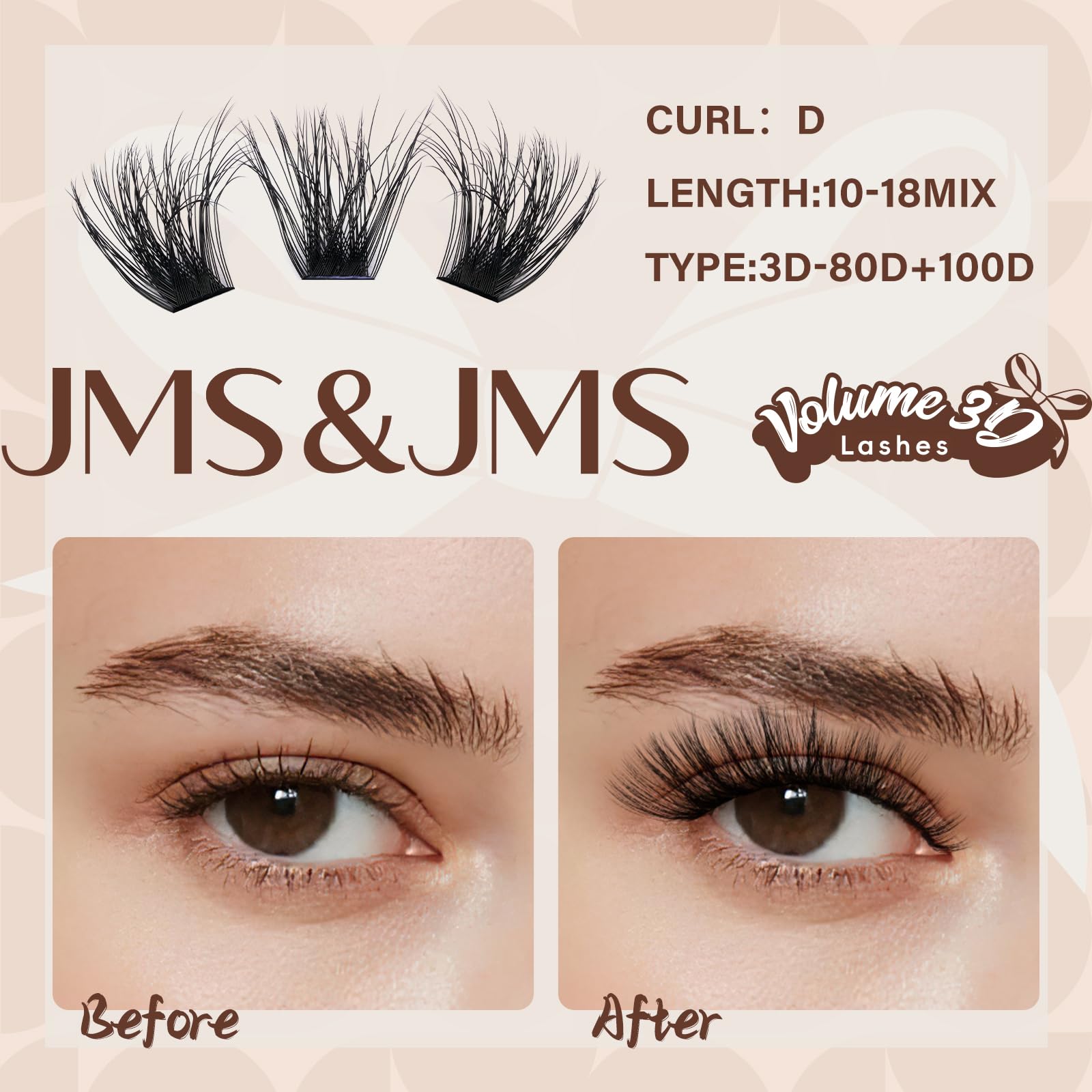 JMS&JMS Lash Clusters Kit 3D Effect – 280 Clusters, D Curl, Waterproof Bond & Seal
