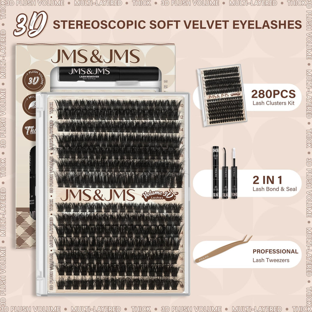 JMS&JMS Lash Clusters Kit 3D Effect – 280 Clusters, D Curl, Waterproof Bond & Seal