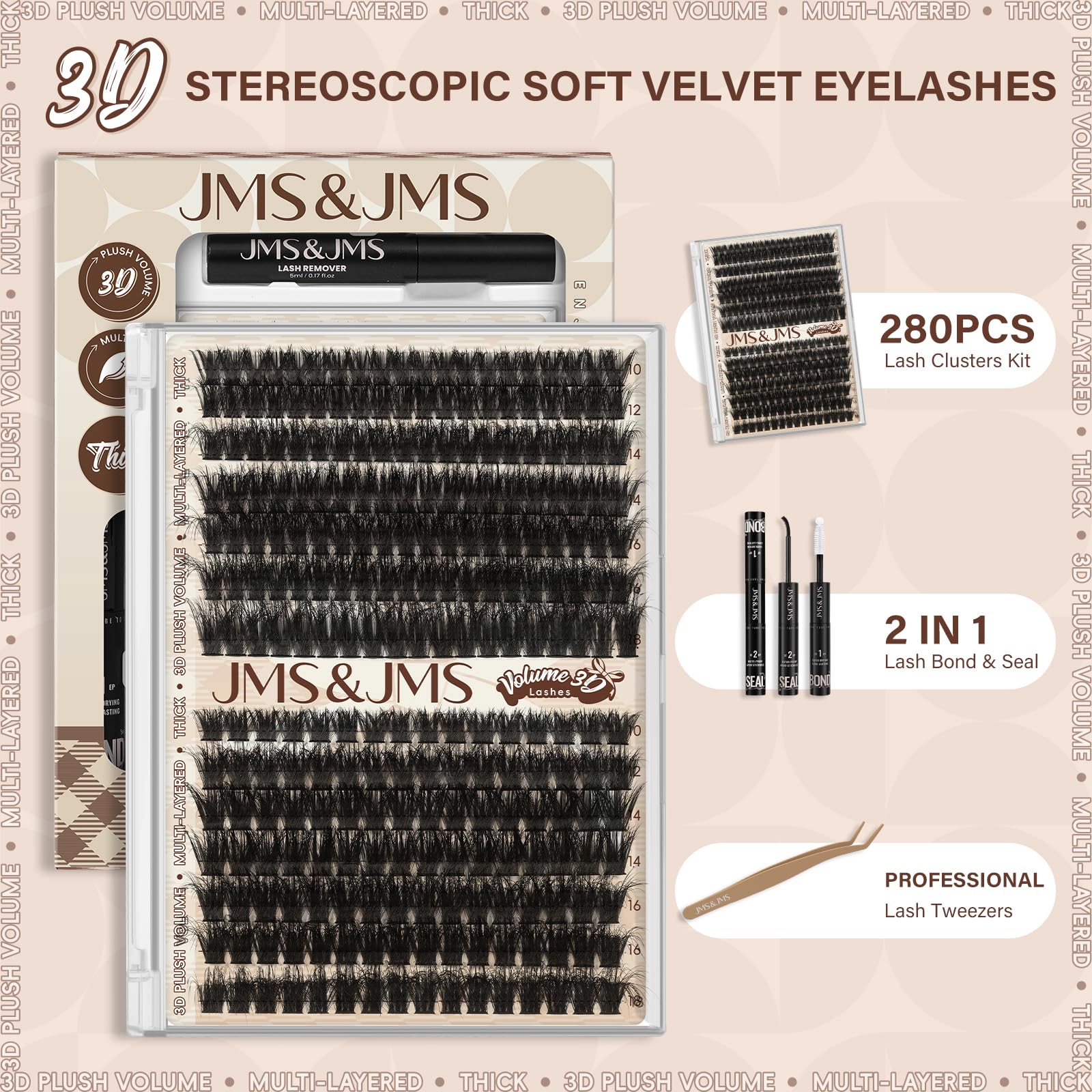 JMS&JMS Lash Clusters Kit 3D Effect – 280 Clusters, D Curl, Waterproof Bond & Seal