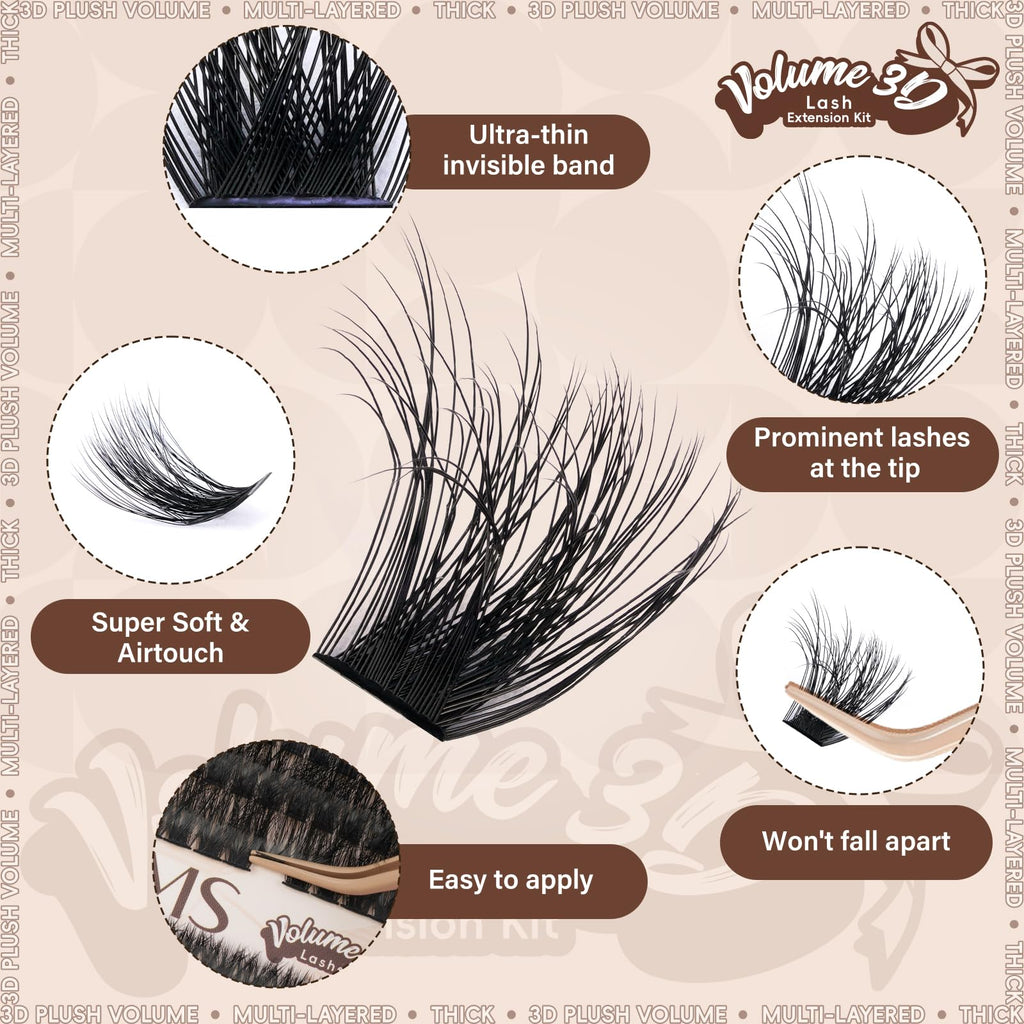 JMS&JMS Lash Clusters Kit 3D Effect – 280 Clusters, D Curl, Waterproof Bond & Seal