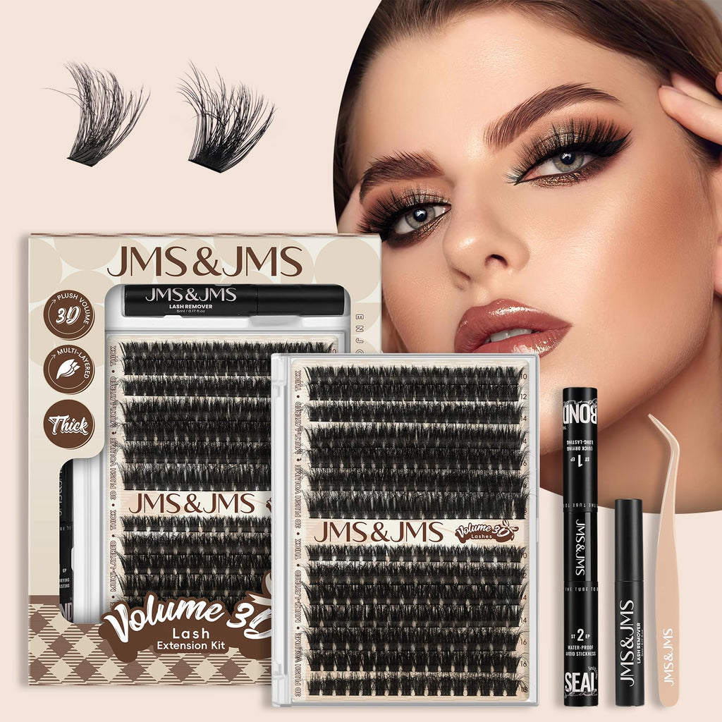 JMS&JMS Lash Clusters Kit 3D Effect – 280 Clusters, D Curl, Waterproof Bond & Seal
