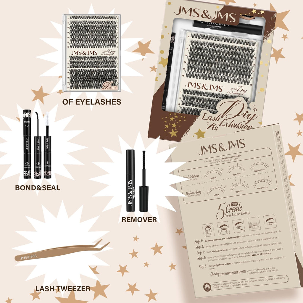 JMS&JMS DIY Lash Extension Kit 40D+50D - 9-16mm Lashes Clusters Bond & Seal