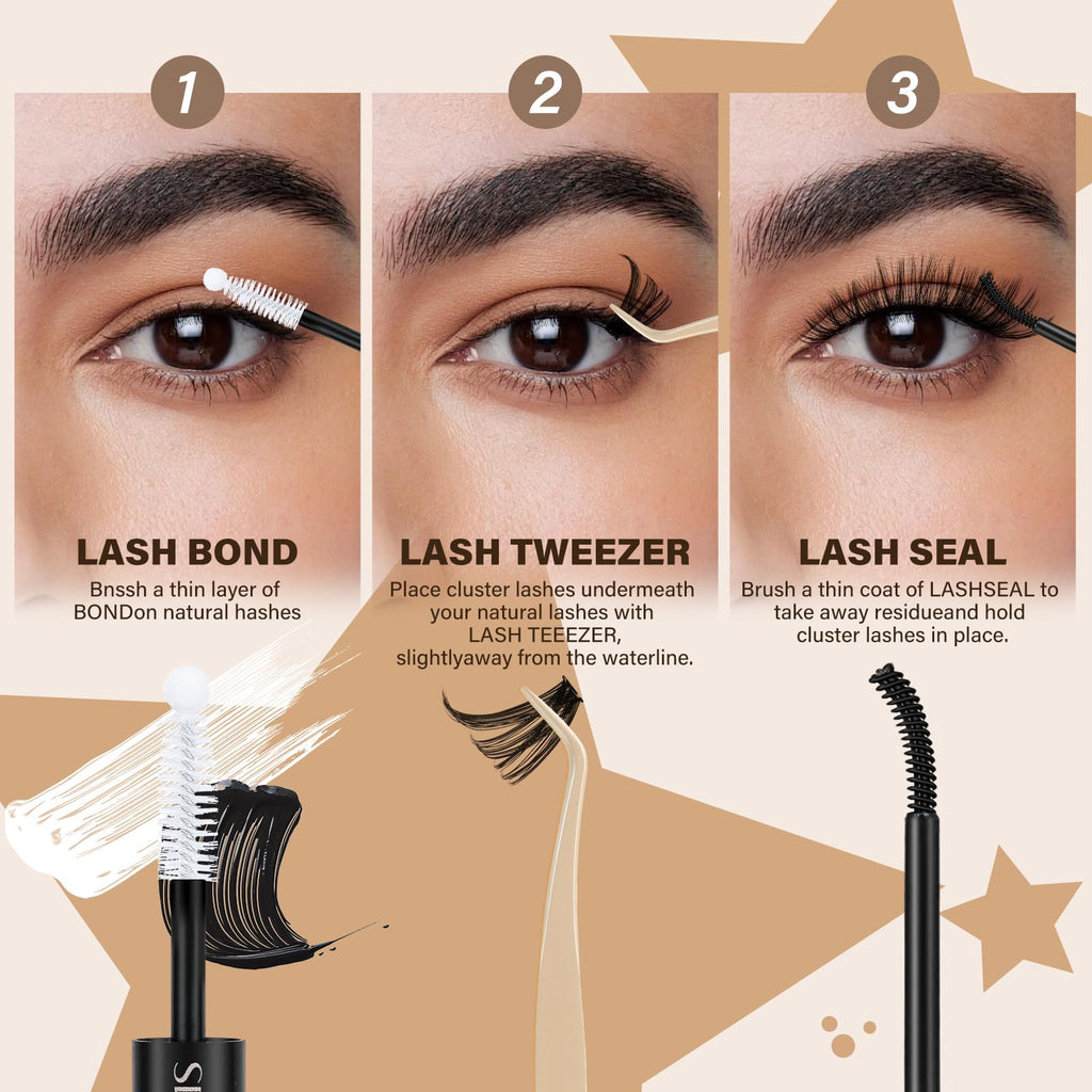 JMS&JMS DIY Lash Extension Kit 40D+50D - 9-16mm Lashes Clusters Bond & Seal
