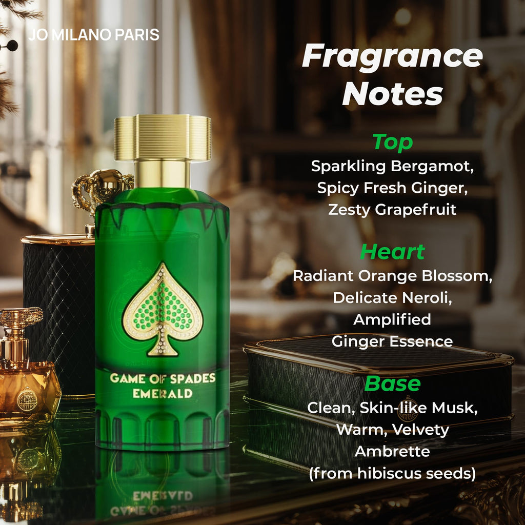 Jo Milano Game of Spades Emerald Parfum Spray | 3.4 oz / 100 ml | Unisex Citrus-Ginger Musk Fragrance