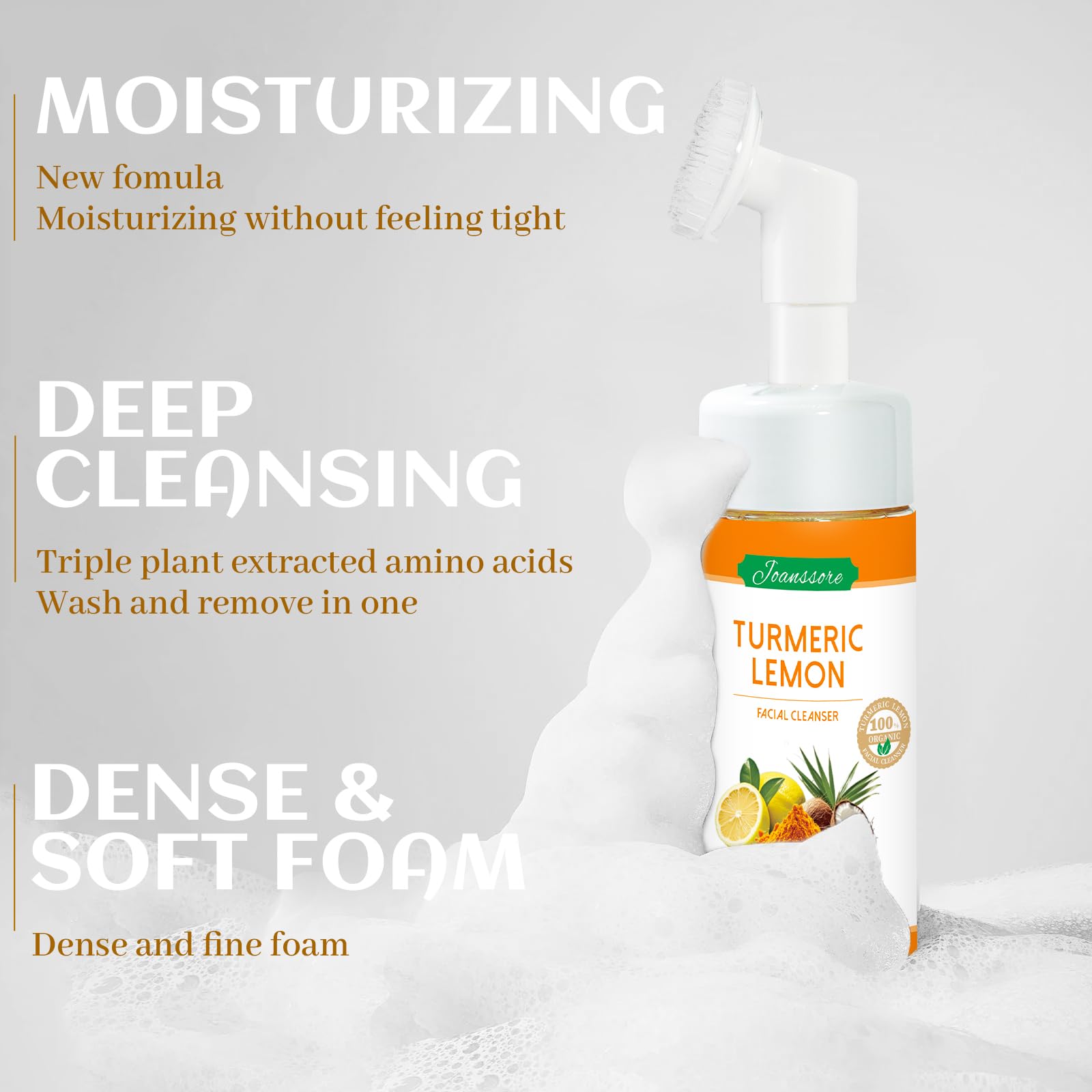 Joanssore 2 Pack Turmeric Lemon Face Wash with Brush – Foaming Cleanser, Vitamin C, Coconut Oil, 150g x2