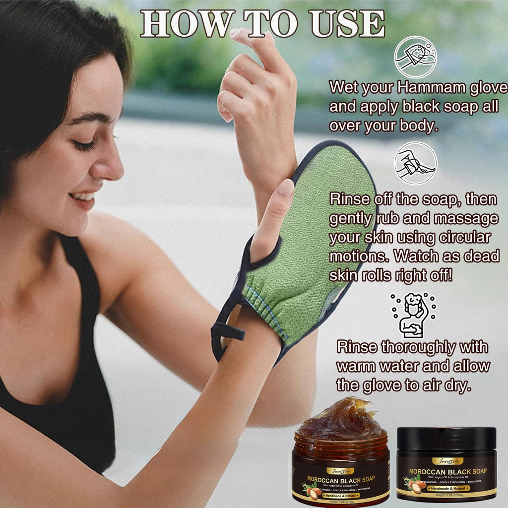Joanssore Moroccan Black Soap Hammam — 2 Pack with Exfoliating Glove