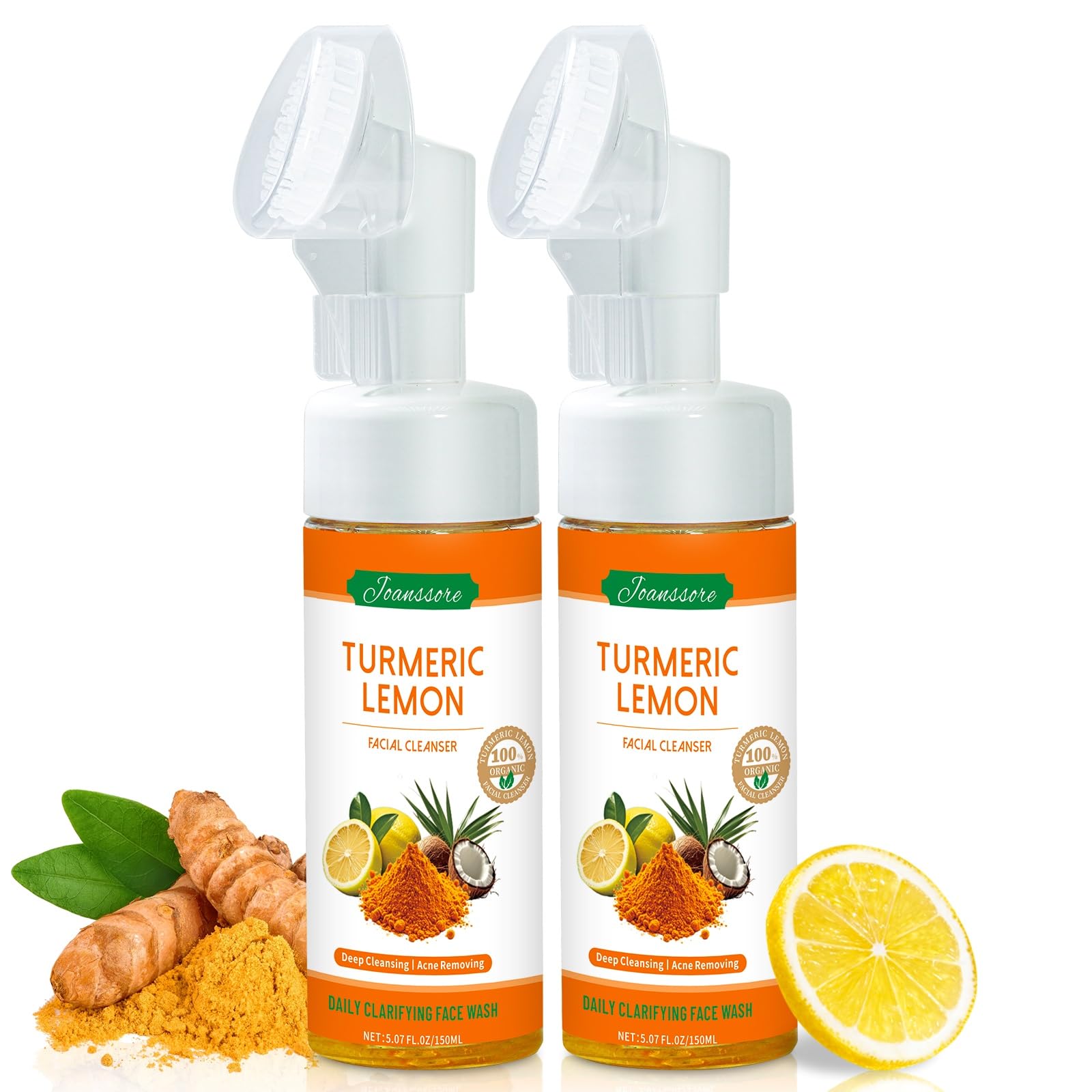 Joanssore 2 Pack Turmeric Lemon Face Wash with Brush – Foaming Cleanser, Vitamin C, Coconut Oil, 150g x2