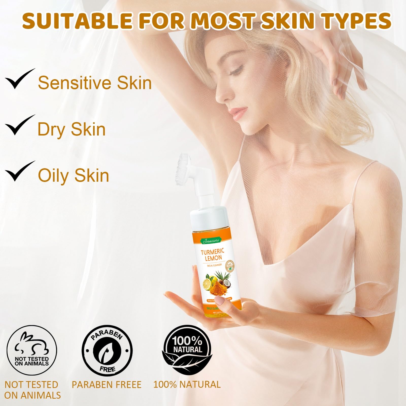 Joanssore 2 Pack Turmeric Lemon Face Wash with Brush – Foaming Cleanser, Vitamin C, Coconut Oil, 150g x2