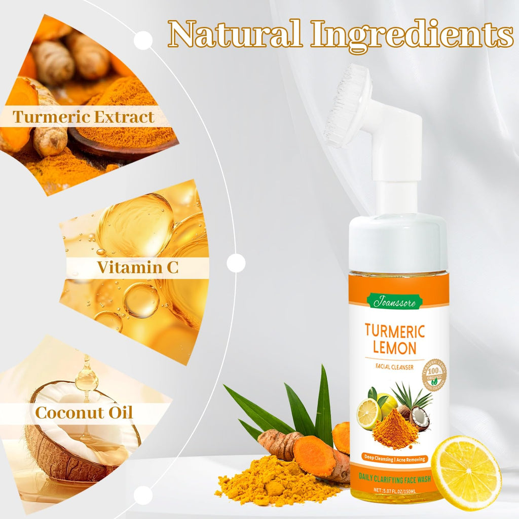 Joanssore 2 Pack Turmeric Lemon Face Wash with Brush – Foaming Cleanser, Vitamin C, Coconut Oil, 150g x2