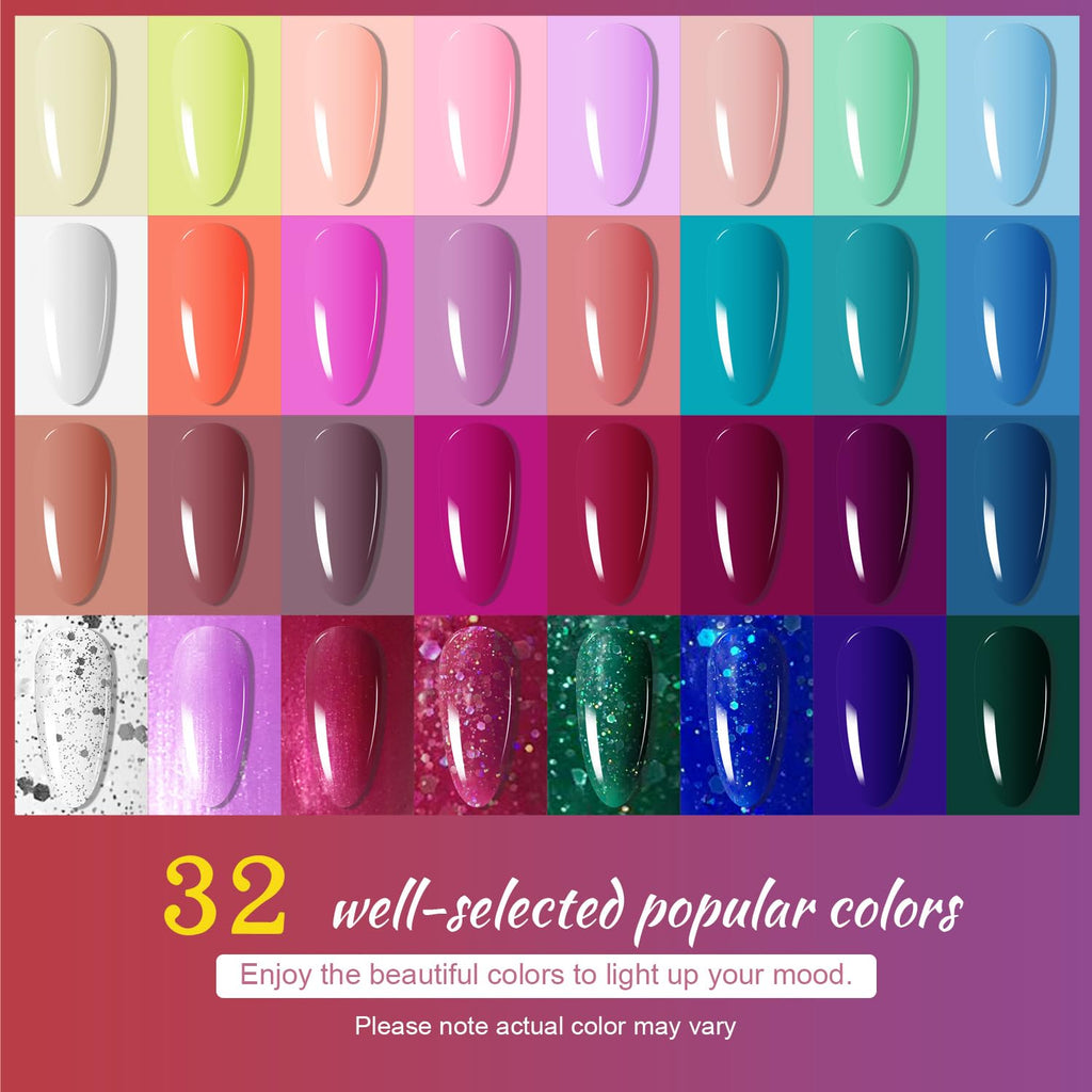 JODSONE Gel Nail Polish Kit with UV Light – 32 Colors for Home Salon Manicures