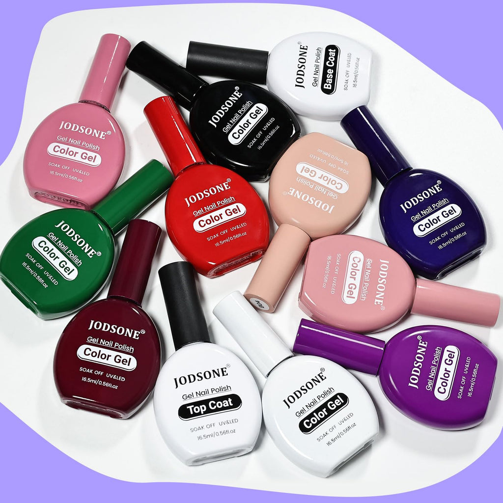 JODSONE 12-Piece Gel Nail Polish Set (16.5 ml) with Base Coat + Top Coat — 10 Colors for At-Home Nail Art