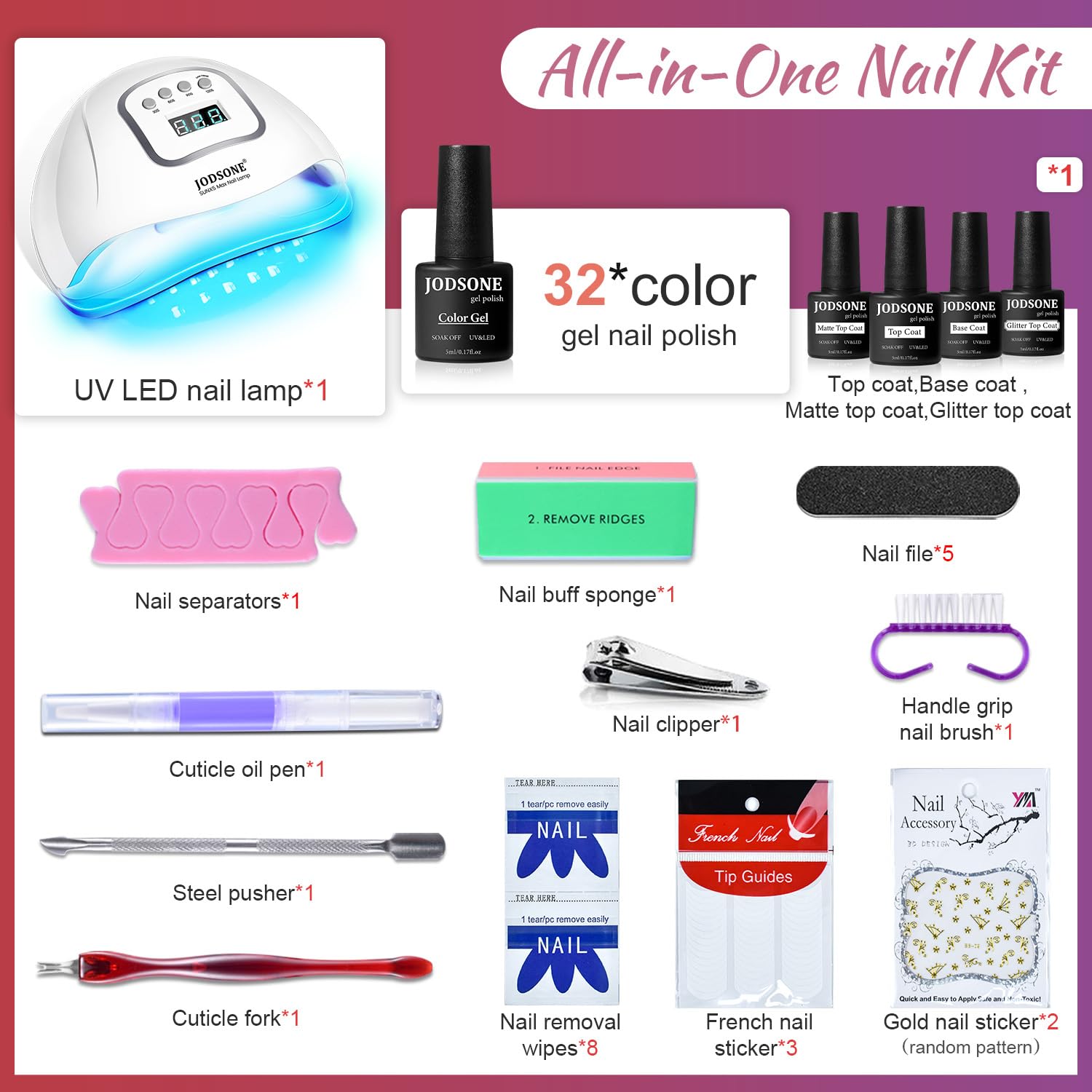 JODSONE Gel Nail Polish Kit with UV Light – 32 Colors for Home Salon Manicures