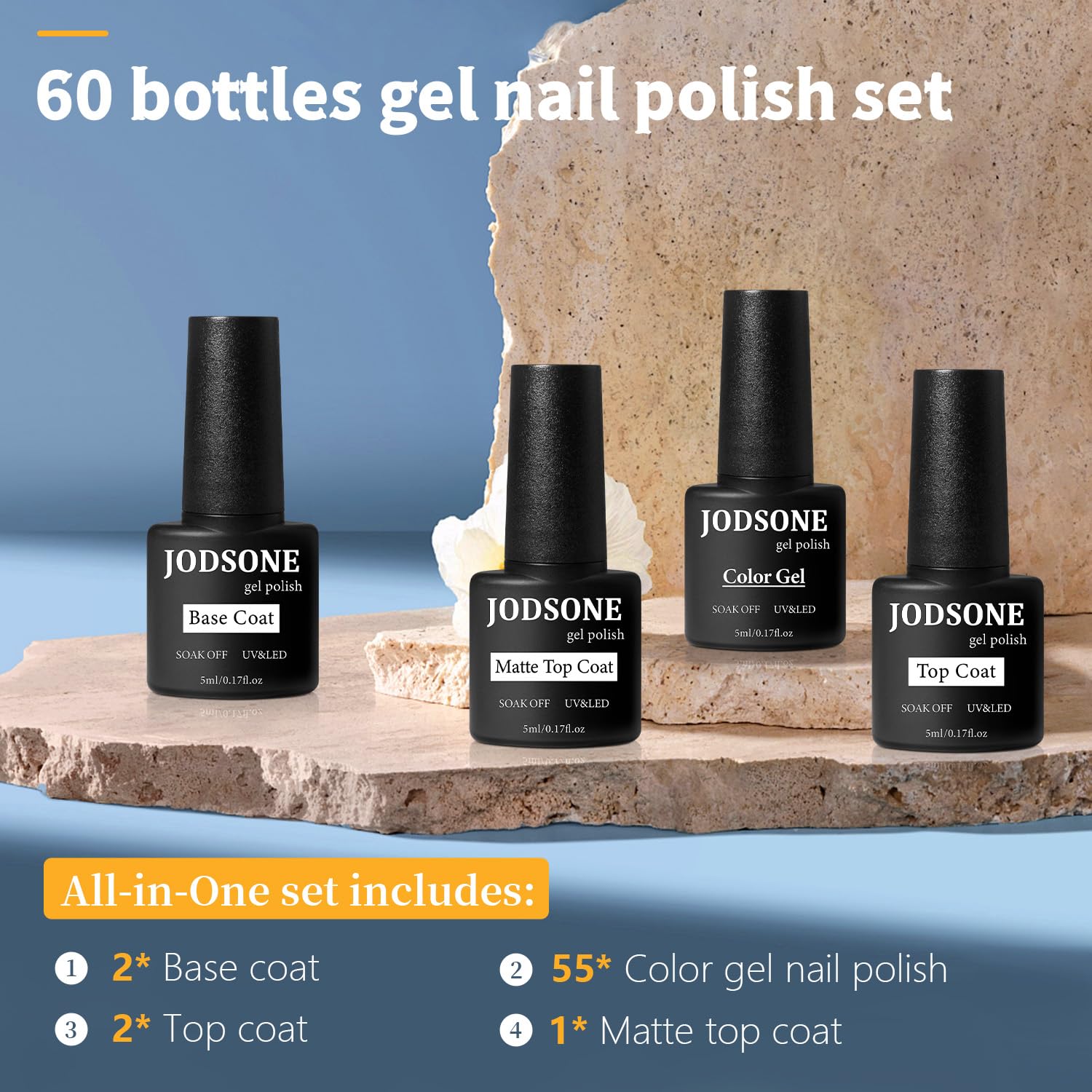 JODSONE 60-Piece Gel Nail Polish Set with Base & Top Coats – At-Home Manicure Kit