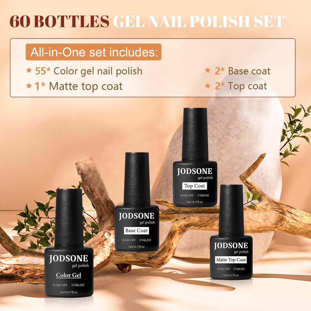 JODSONE 60-Pcs Gel Nail Polish Starter Kit – 55 Colors + Base & Top Coats