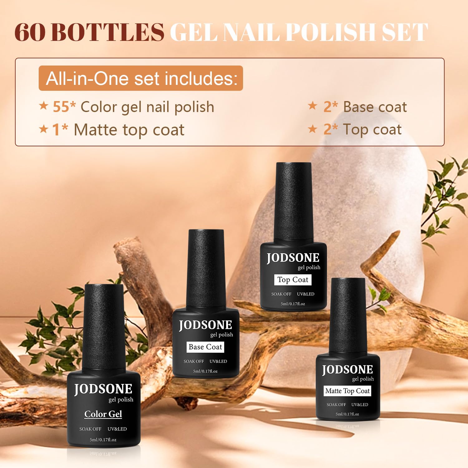 JODSONE 60-Pcs Gel Nail Polish Starter Kit – 55 Colors + Base & Top Coats