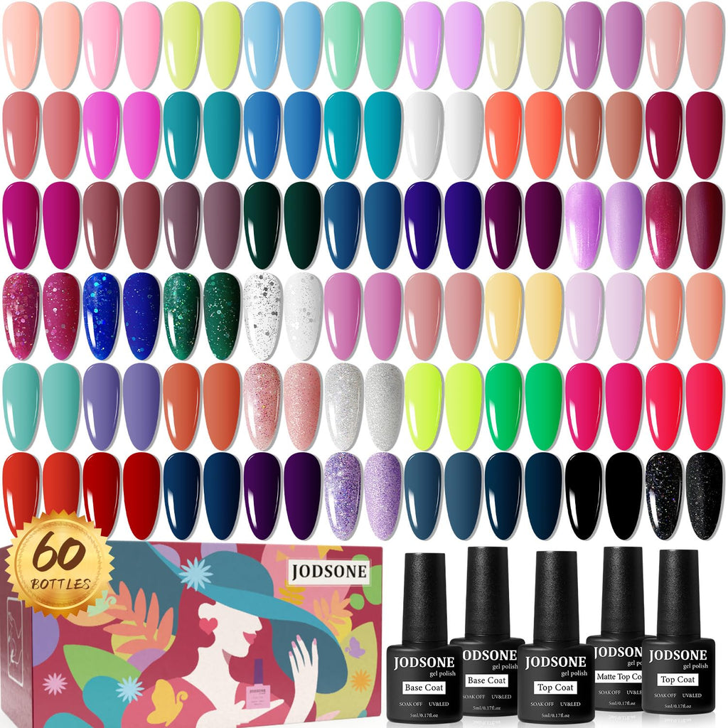 JODSONE 60-Pcs Gel Nail Polish Starter Kit – 55 Colors + Base & Top Coats