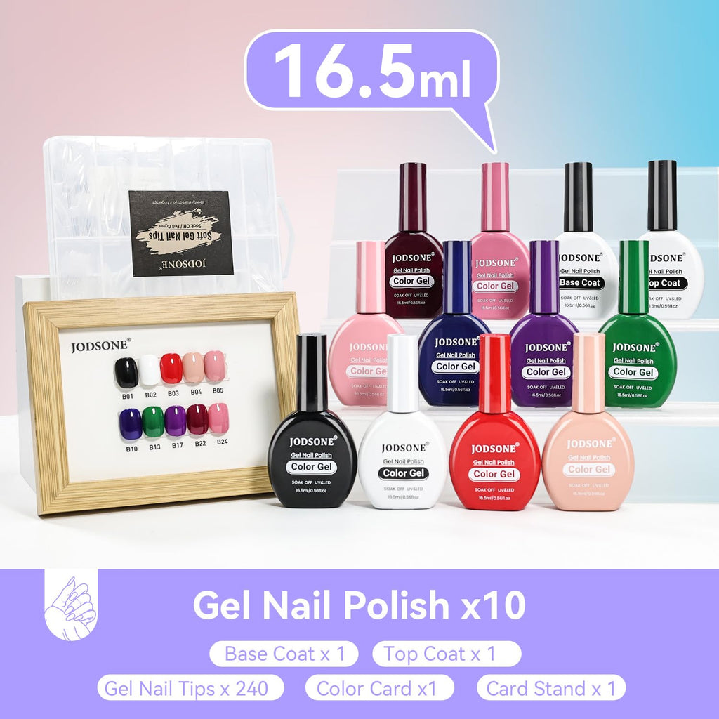 JODSONE 12-Piece Gel Nail Polish Set (16.5 ml) with Base Coat + Top Coat — 10 Colors for At-Home Nail Art