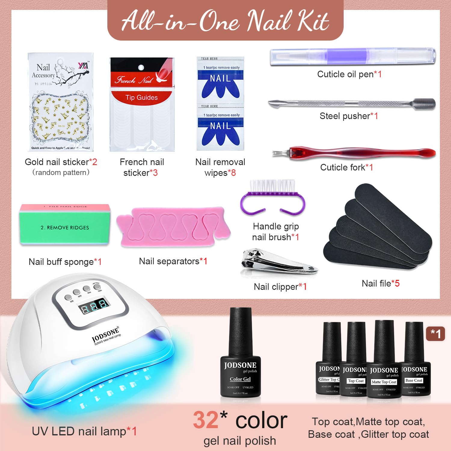 JODSONE Gel Nail Polish Kit with UV LED Lamp – 32 Colors for DIY Manicures