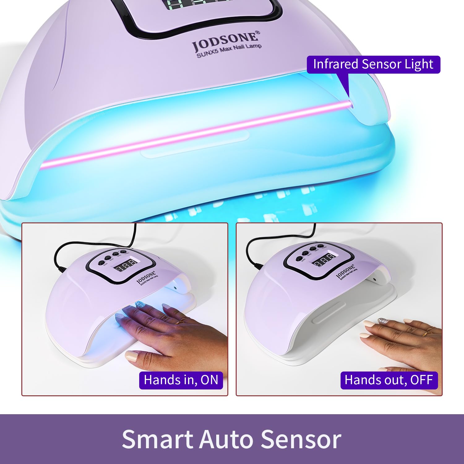 JODSONE UV LED Nail Lamp with Auto Sensor & 4 Timers – Purple