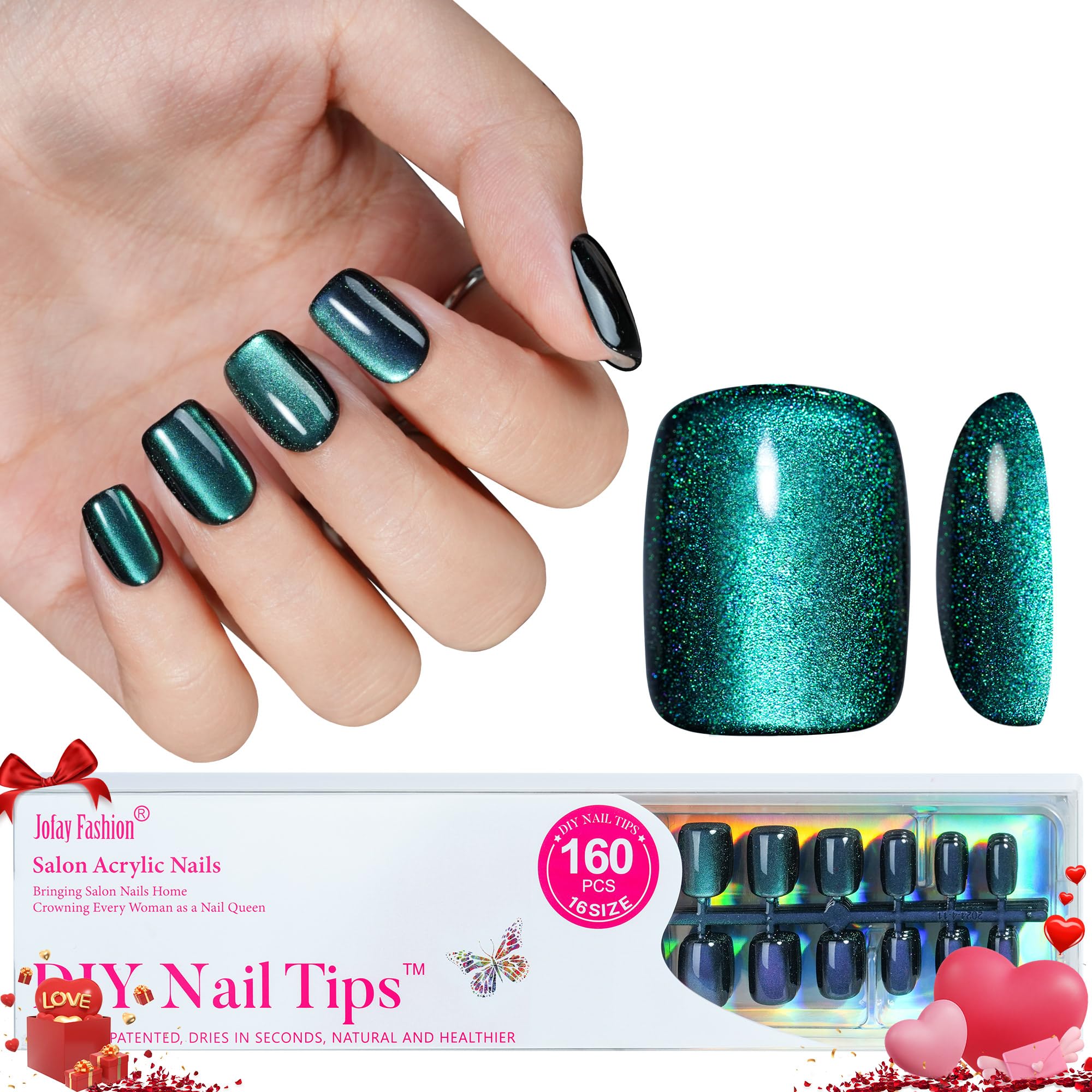 Jofay Fashion Bt Art Box Chameleon Cat Eye Press-On Nails – Short Square 160Pcs Kit
