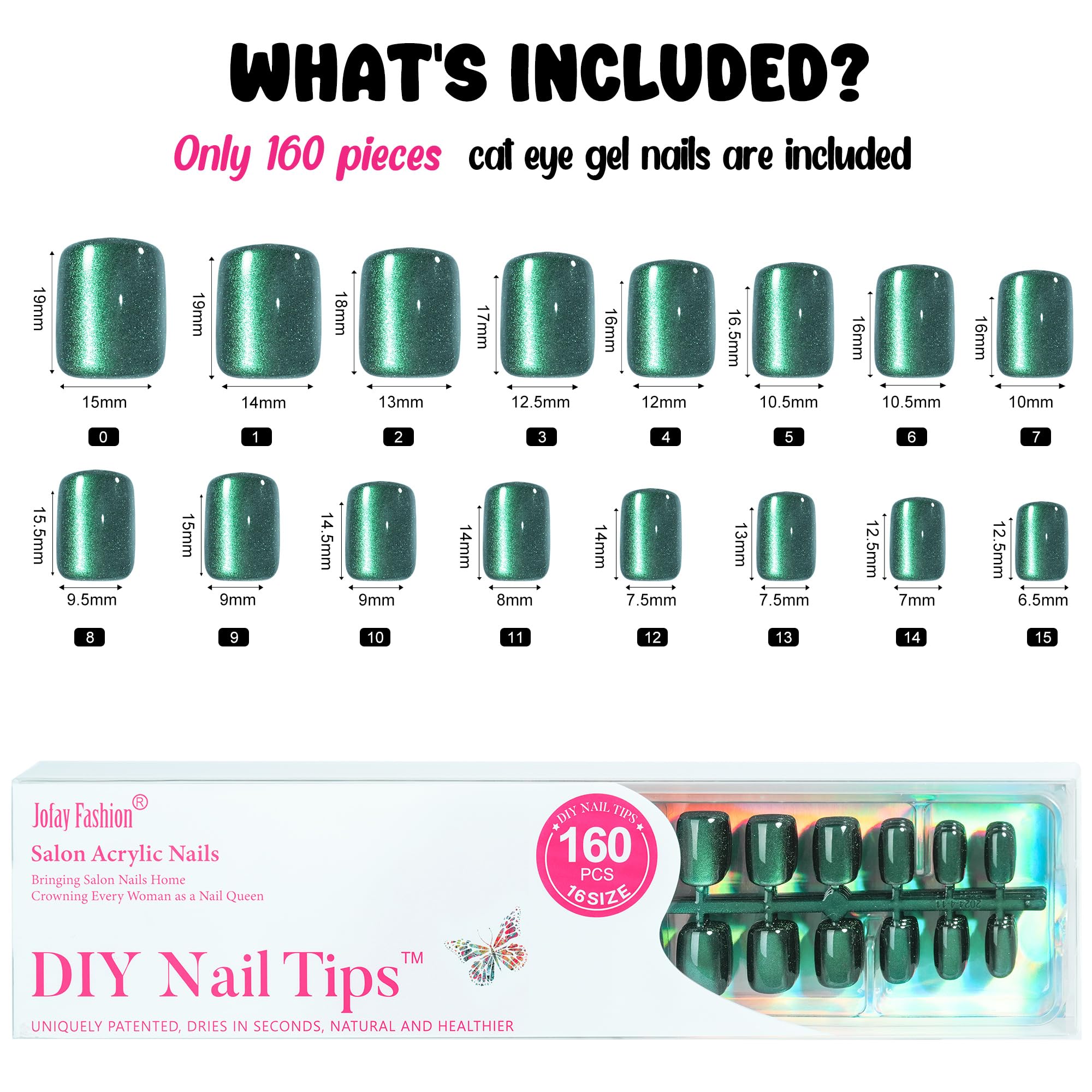 Jofay Fashion Bt Art Box Chameleon Cat Eye Press-On Nails – Short Square 160Pcs Kit