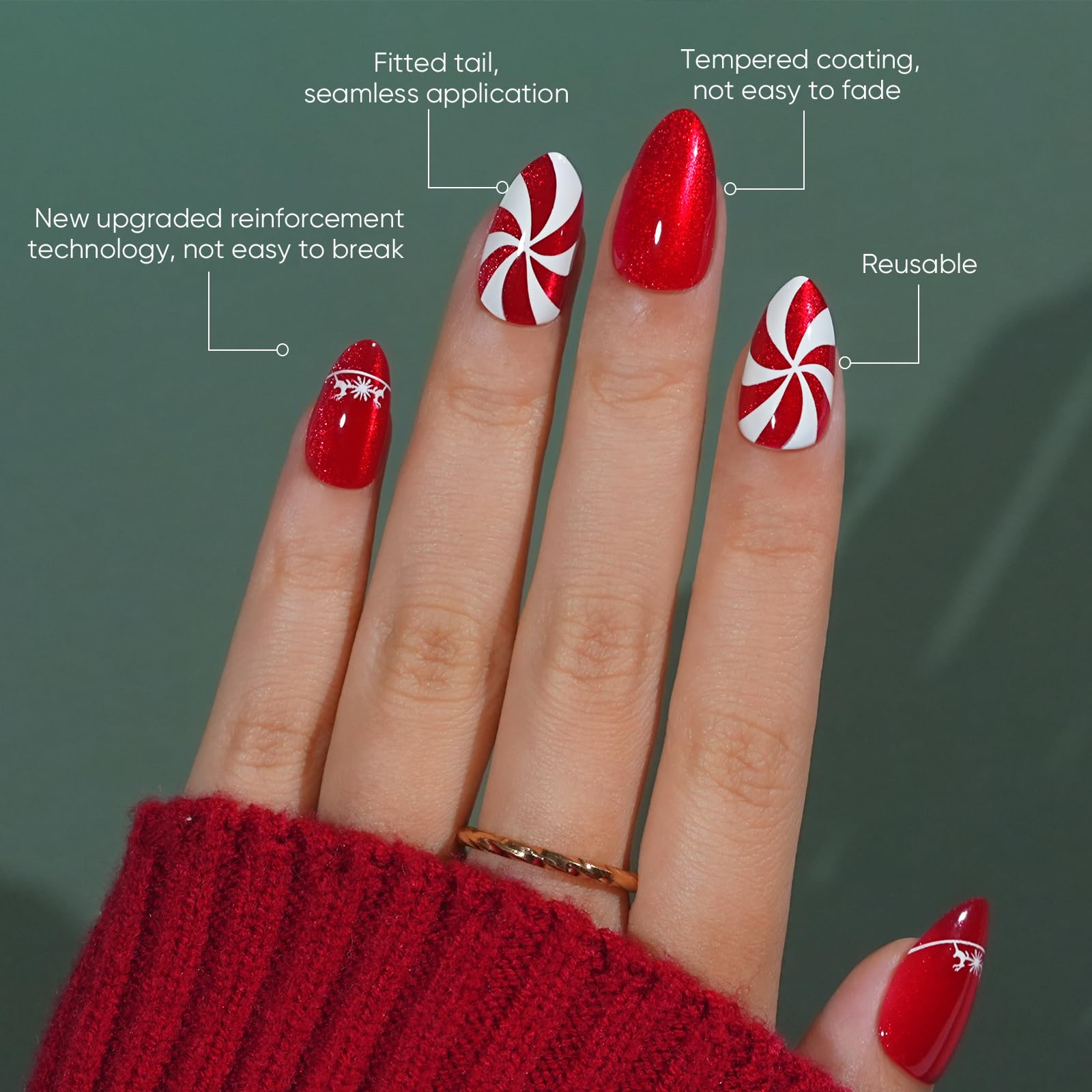 Jofay Fashion Christmas Press On Nails Almond – Red Cat Eye Kit, 32 Nails in 16 Sizes