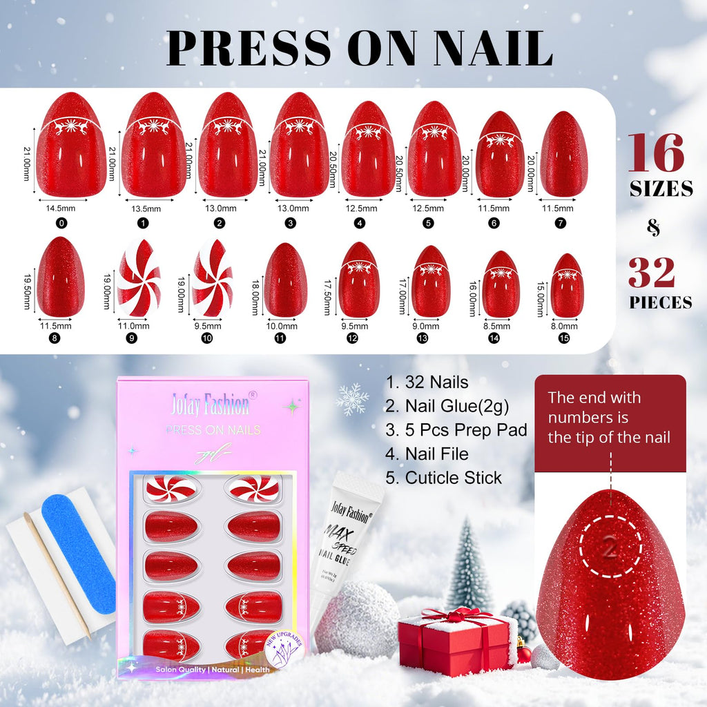 Jofay Fashion Christmas Press On Nails Almond – Red Cat Eye Kit, 32 Nails in 16 Sizes