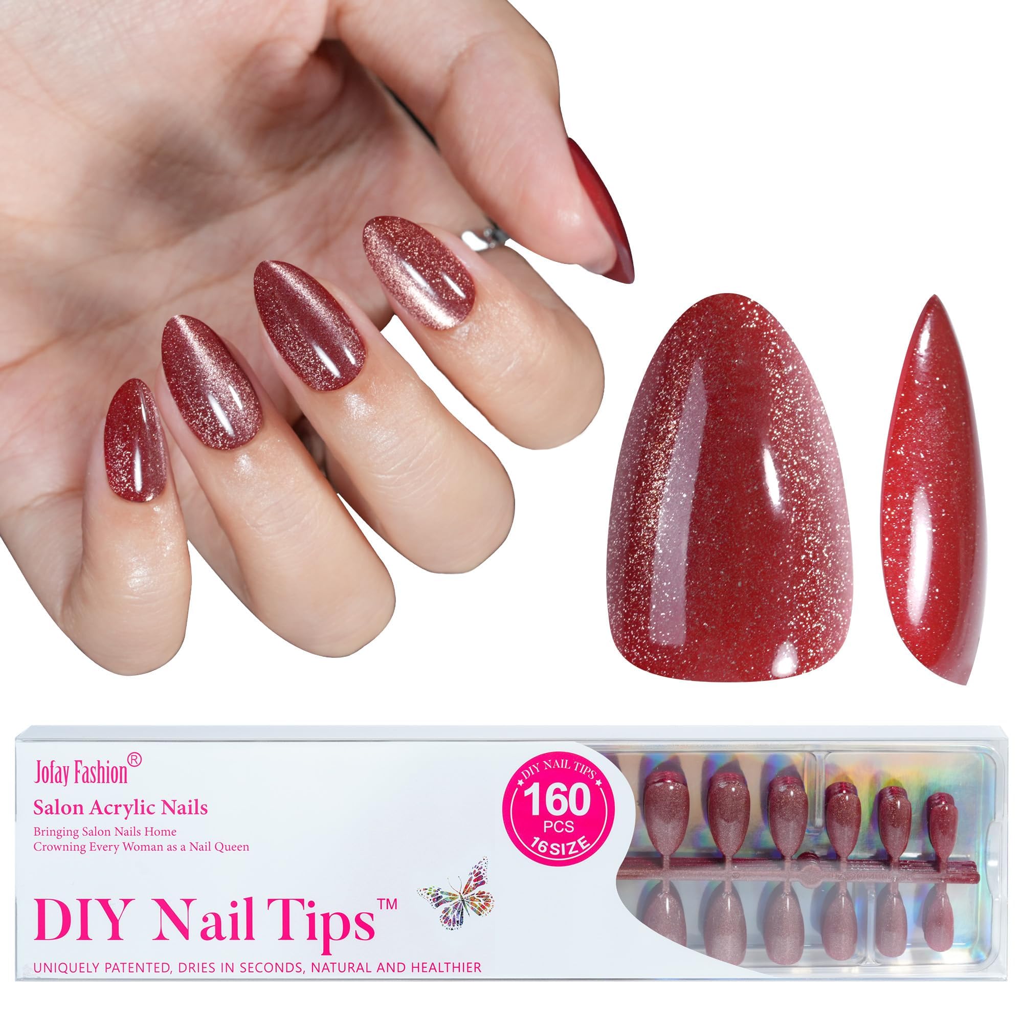 Jofay Fashion Almond Press On Nails Cat Eye - Short Glue On Nails Kit, 160pcs, 16 Sizes