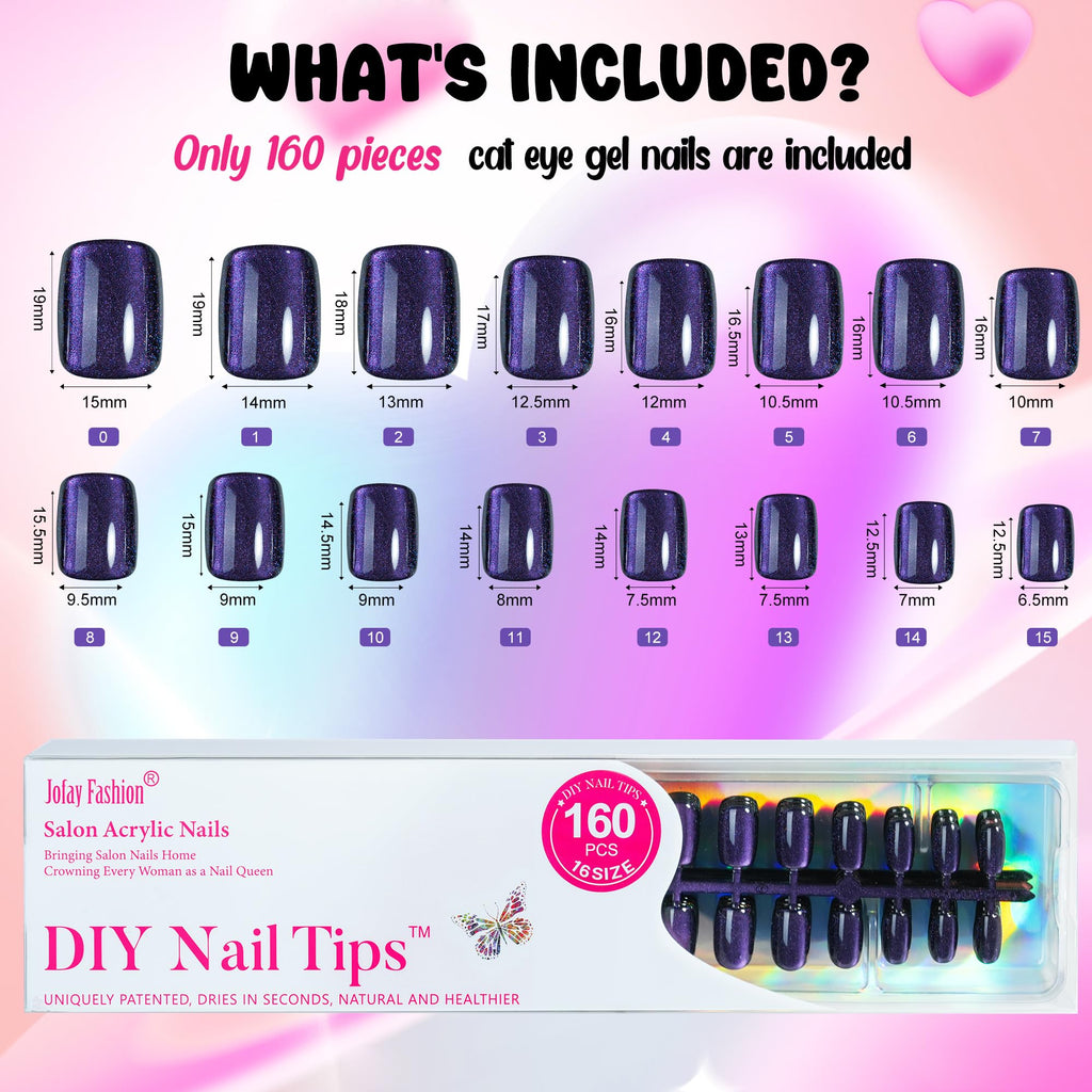 Jofay Fashion Cat Eye Press On Nails — Short Square Soft Gel Kit (160 pcs)