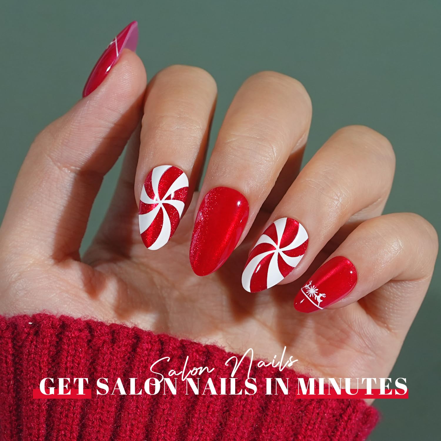 Jofay Fashion Christmas Press On Nails Almond – Red Cat Eye Kit, 32 Nails in 16 Sizes