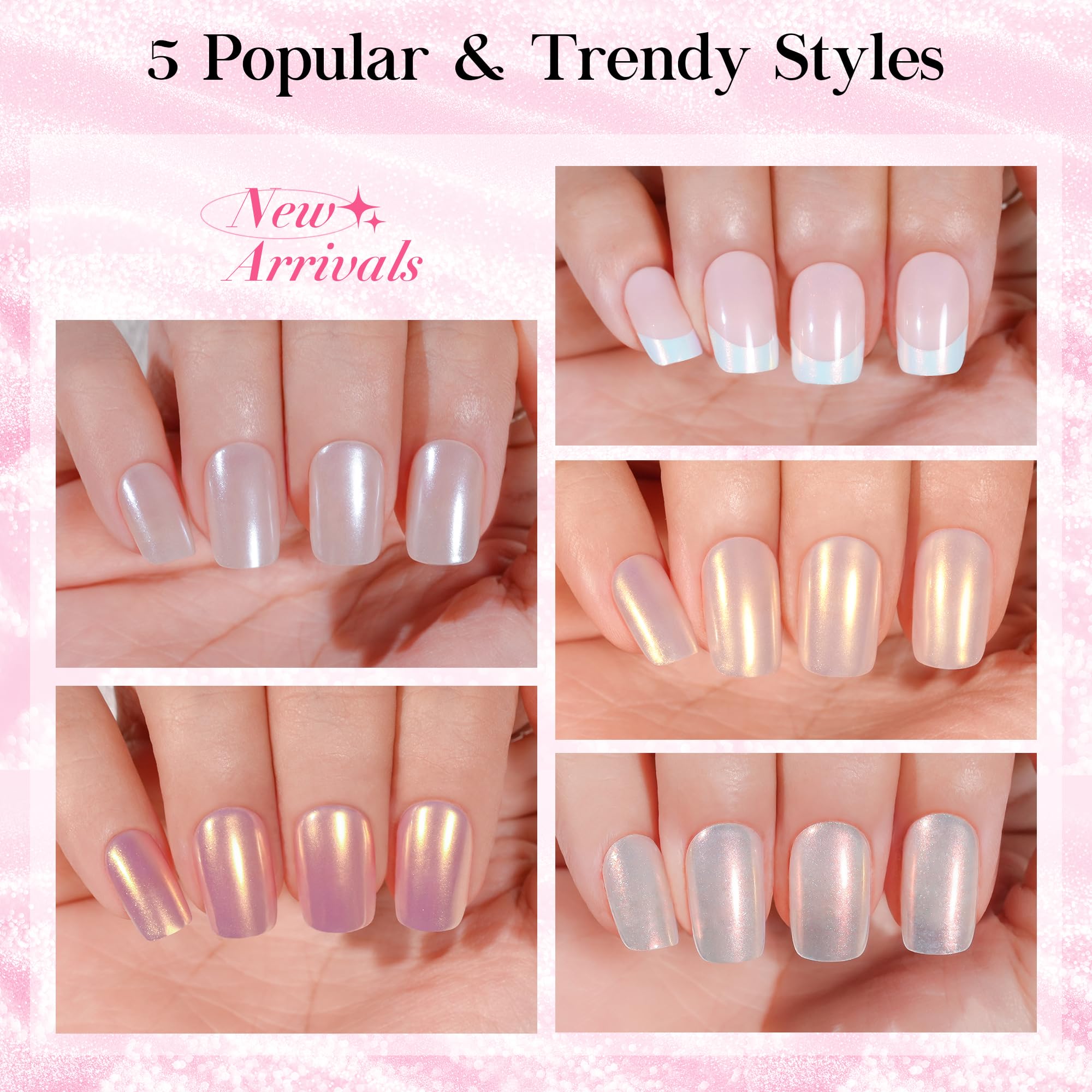 Jofay Fashion Press On Nails – Short French Mermaid, Pearl & Aurora Chrome, 5 Styles