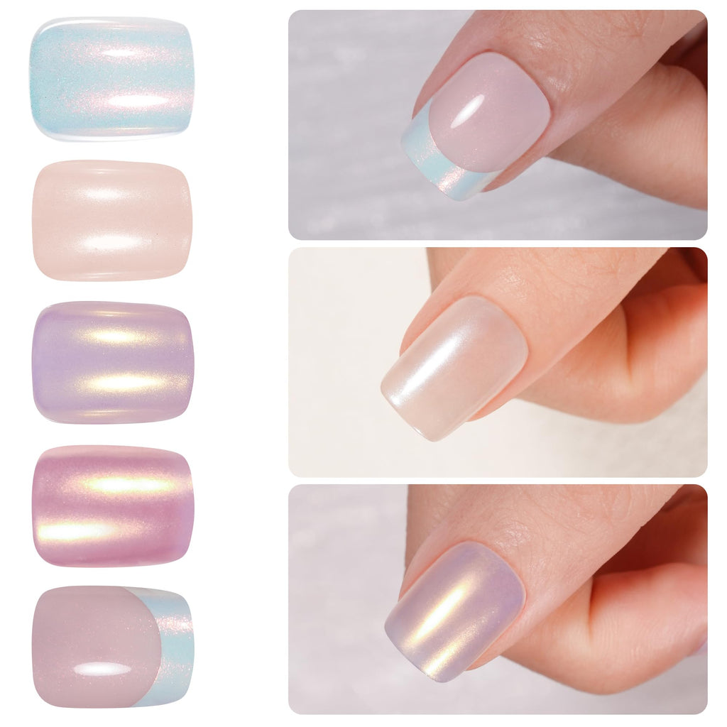 Jofay Fashion Press On Nails – Short French Mermaid, Pearl & Aurora Chrome, 5 Styles