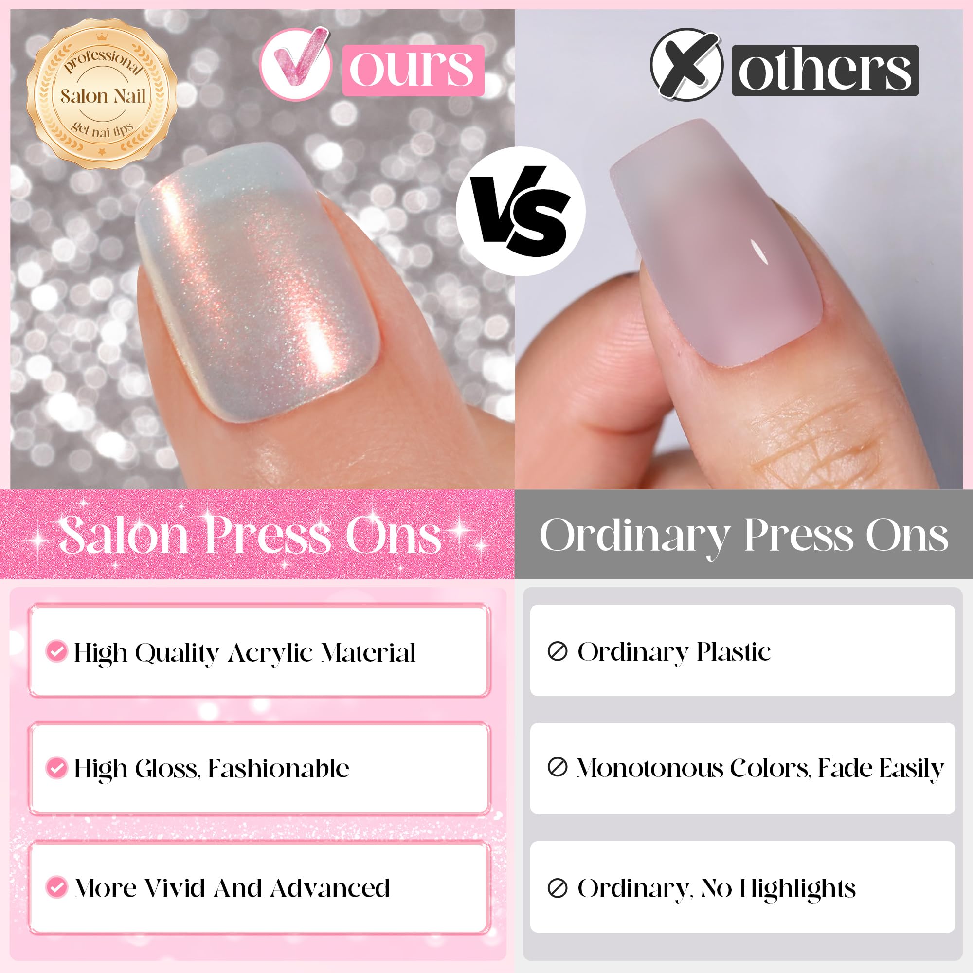 Jofay Fashion Press On Nails – Short French Mermaid, Pearl & Aurora Chrome, 5 Styles