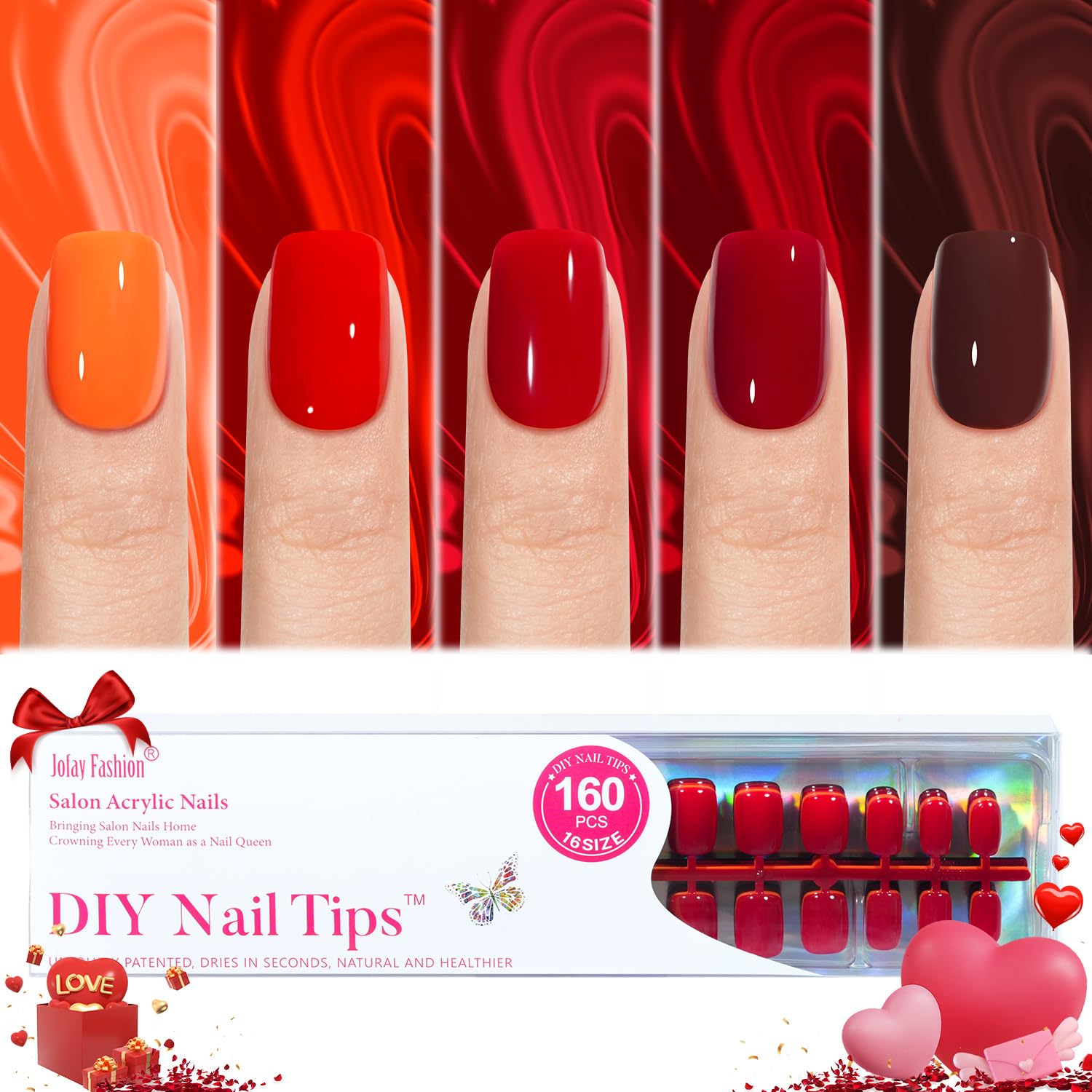 Jofay Fashion Press-On Nails Red | Short Square Soft Gel, 160Pcs, 32 Sizes | Valentine Gift