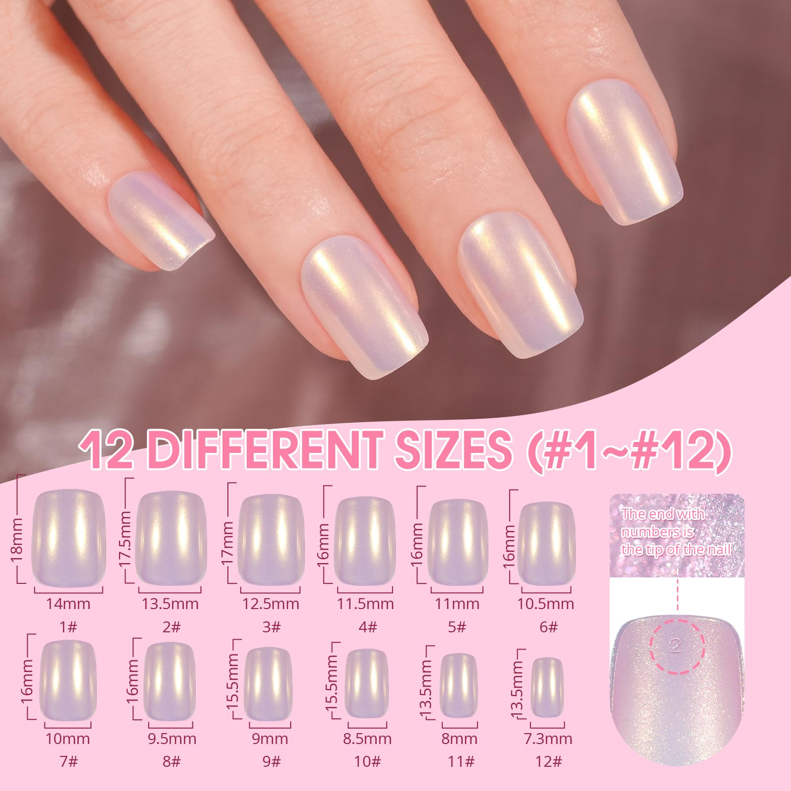 Jofay Fashion Press On Nails – Short French Mermaid, Pearl & Aurora Chrome, 5 Styles