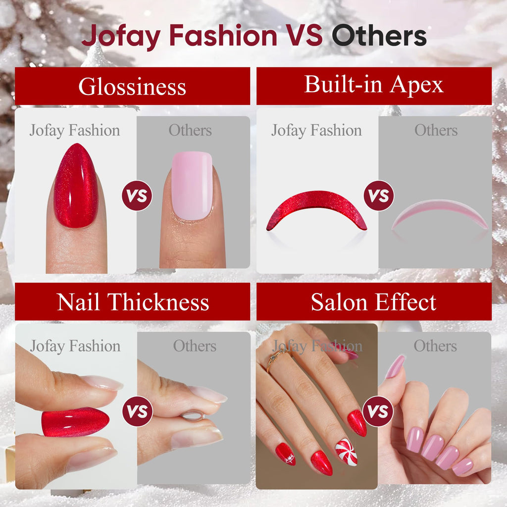 Jofay Fashion Christmas Press On Nails Almond – Red Cat Eye Kit, 32 Nails in 16 Sizes